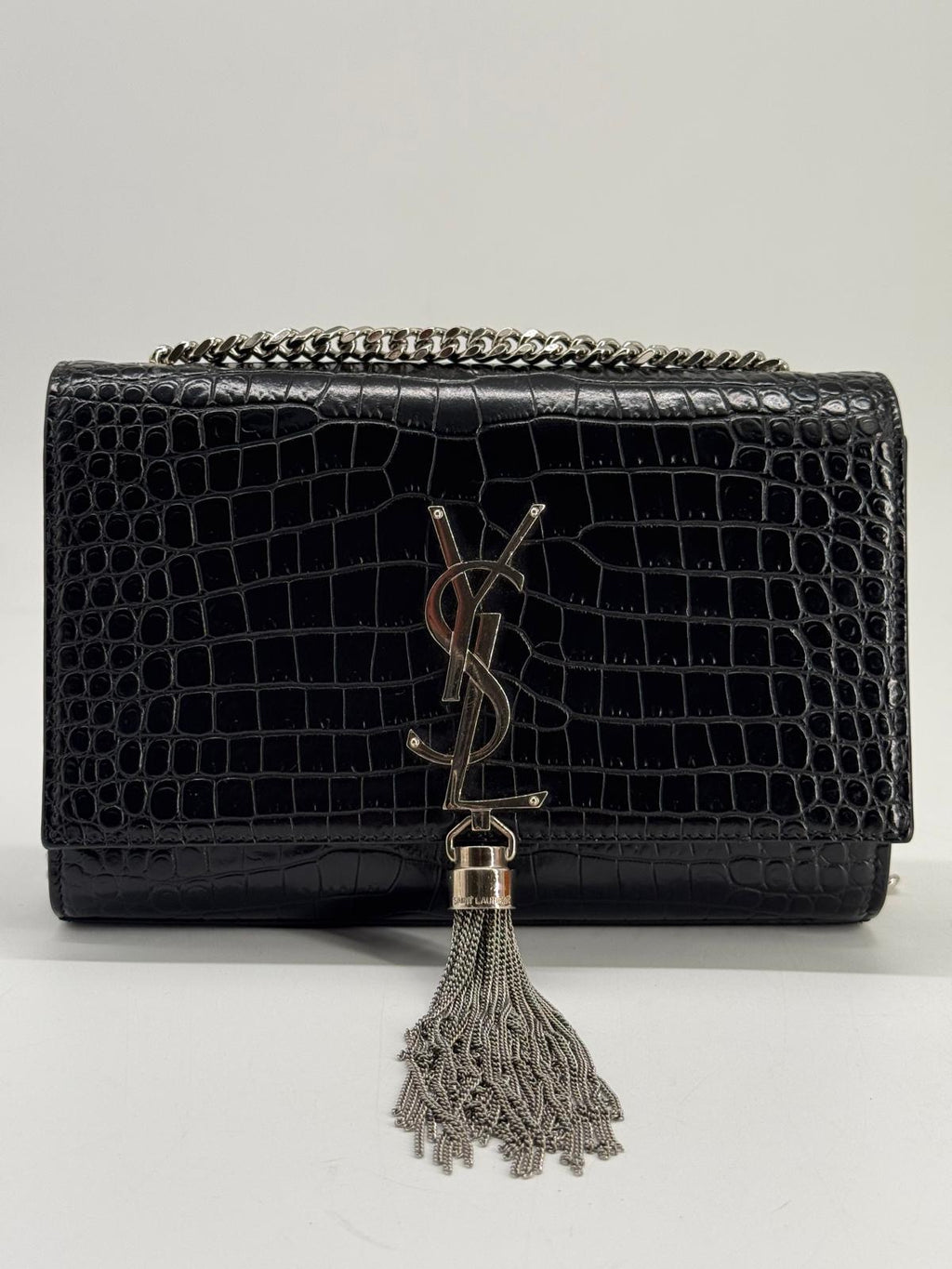 Saint Laurent Black Croc Embossed Leather Medium Kate Tassel Shoulder Bag