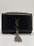 Saint Laurent Black Croc Embossed Leather Medium Kate Tassel Shoulder Bag