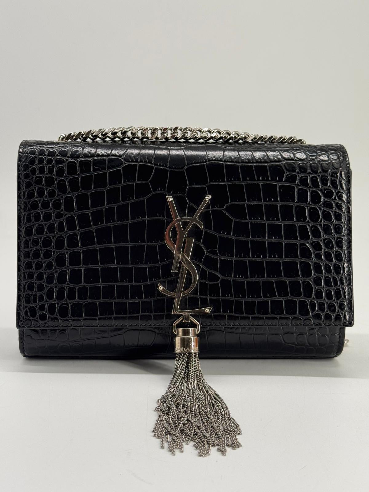 Saint Laurent Black Croc Embossed Leather Medium Kate Tassel Shoulder Bag