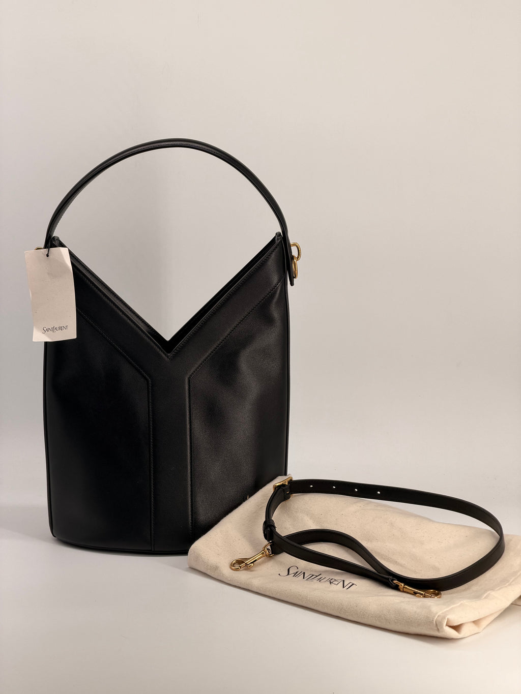 Saint Laurent Y-Stitch Black Leather Bucket Bag 2025