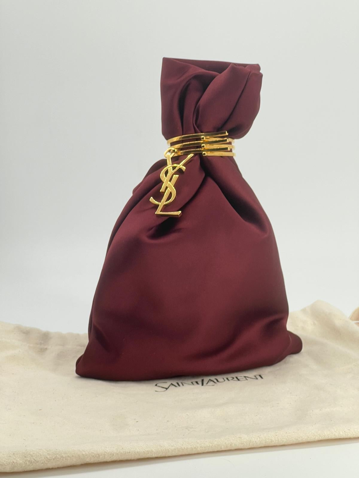Saint Laurent Wine Satin Knot Wristlet with Gold YSL Charm