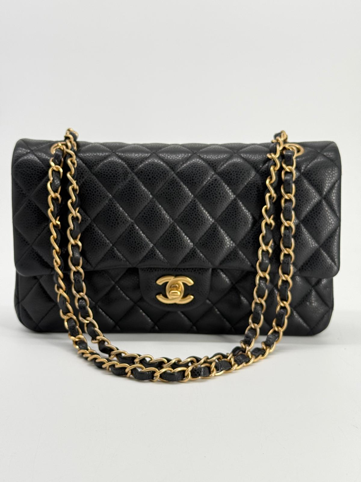 Chanel Medium Double Flap Caviar Black Leather Shoulder Bag
