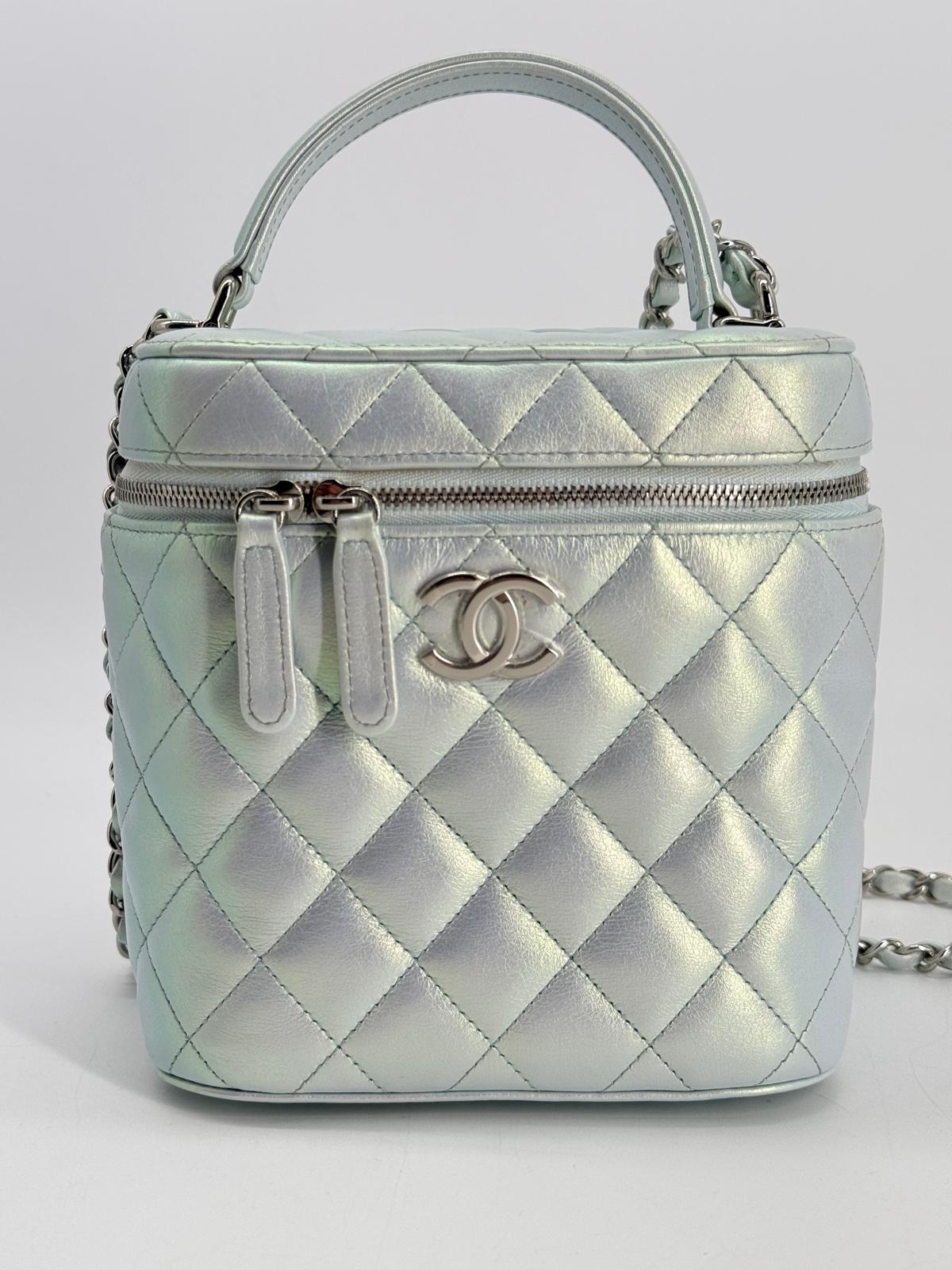 Chanel Vanity Case Iridescent Metallic Blue Leather Handbag