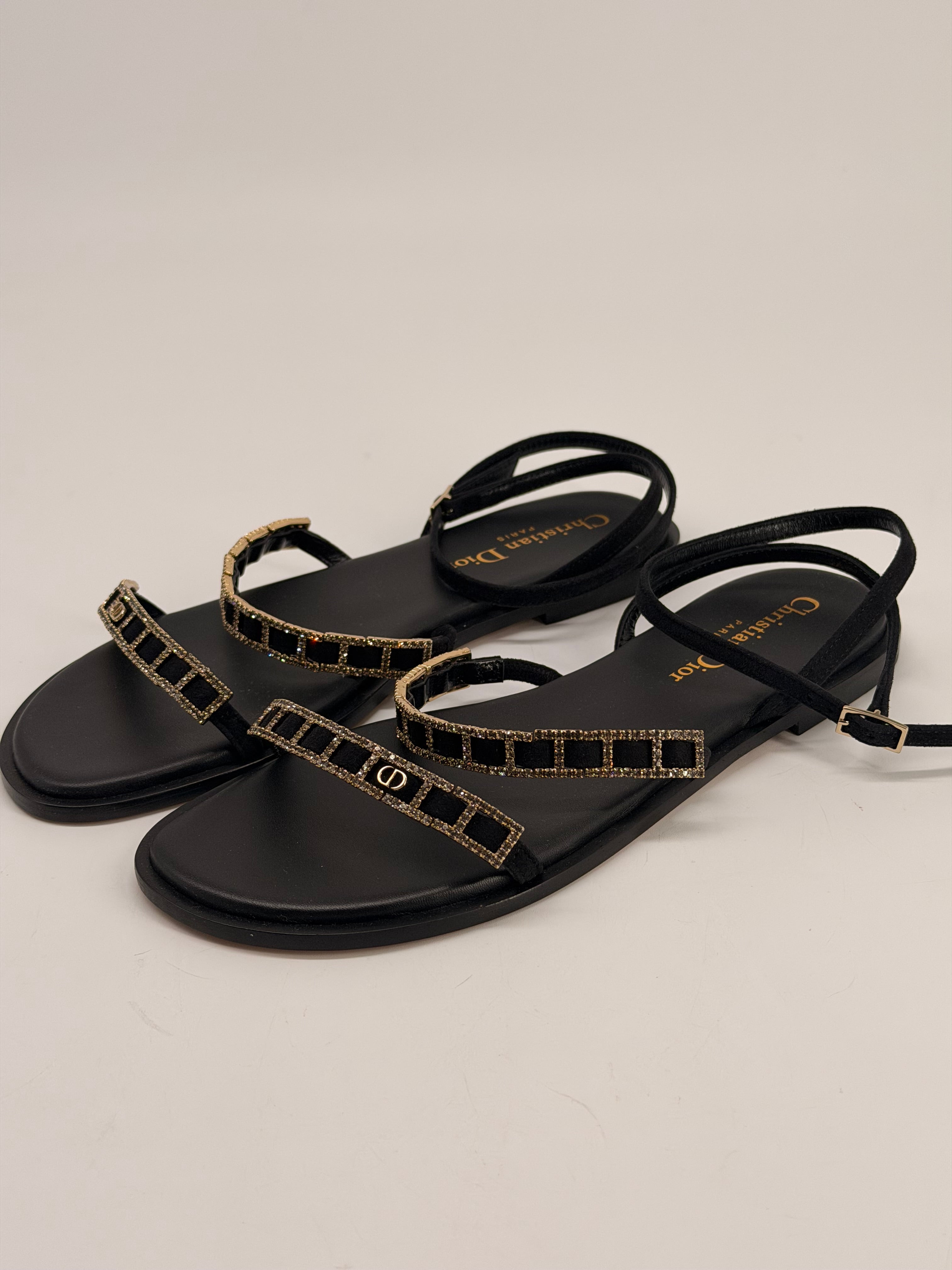 DIOR Diorissime Sandal Black Suede Goatskin and Silver-Tone Strass Size 36 NEW