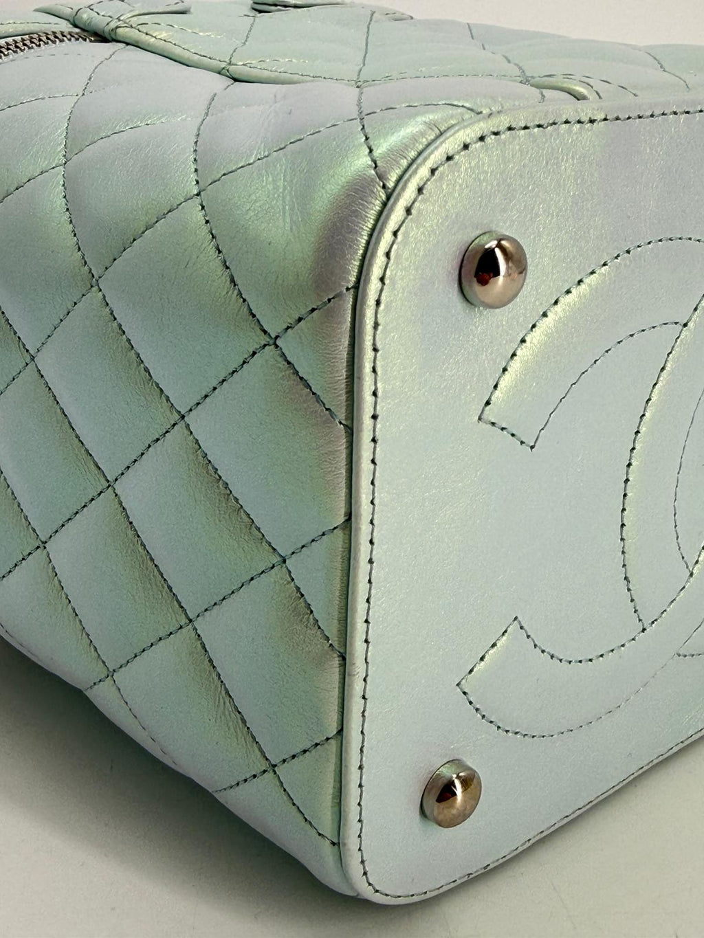 Chanel Vanity Case Iridescent Metallic Blue Leather Handbag