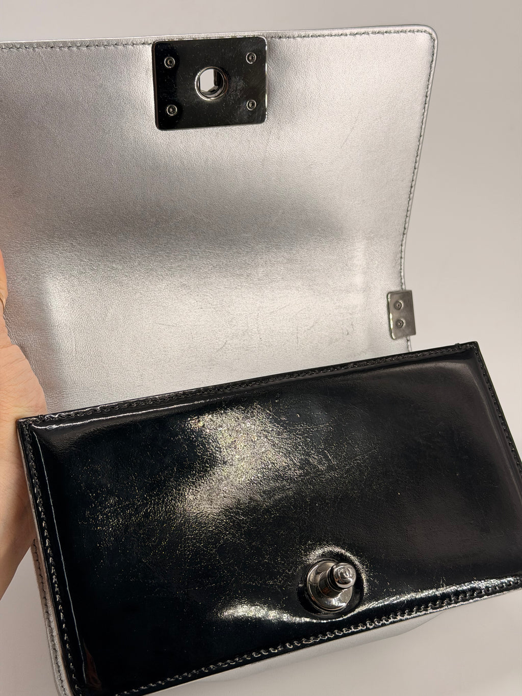 CHANEL Small Boy Bag Patent Leather Black Silver Shoulder Bag