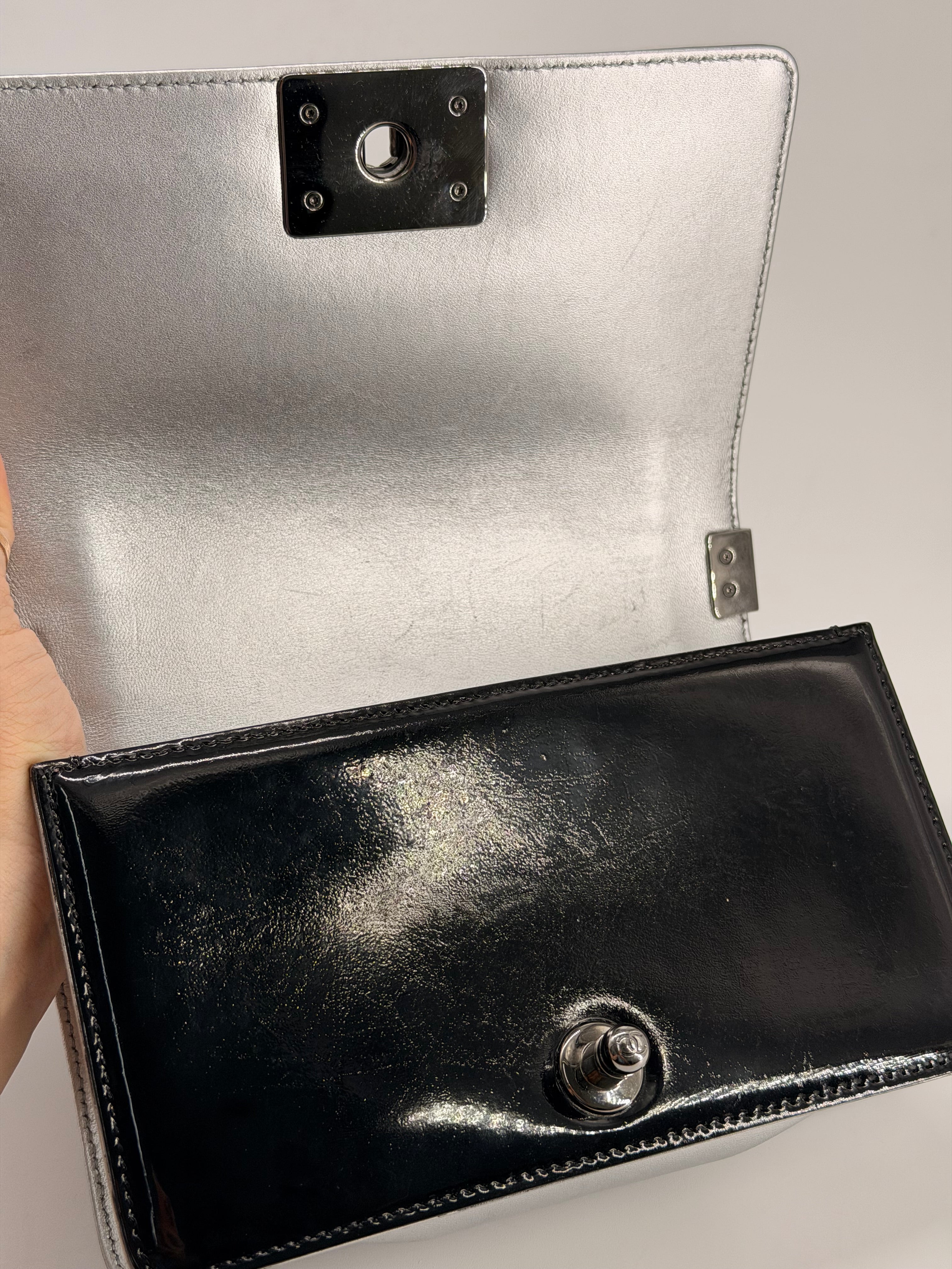 CHANEL Small Boy Bag Patent Leather Black Silver Shoulder Bag