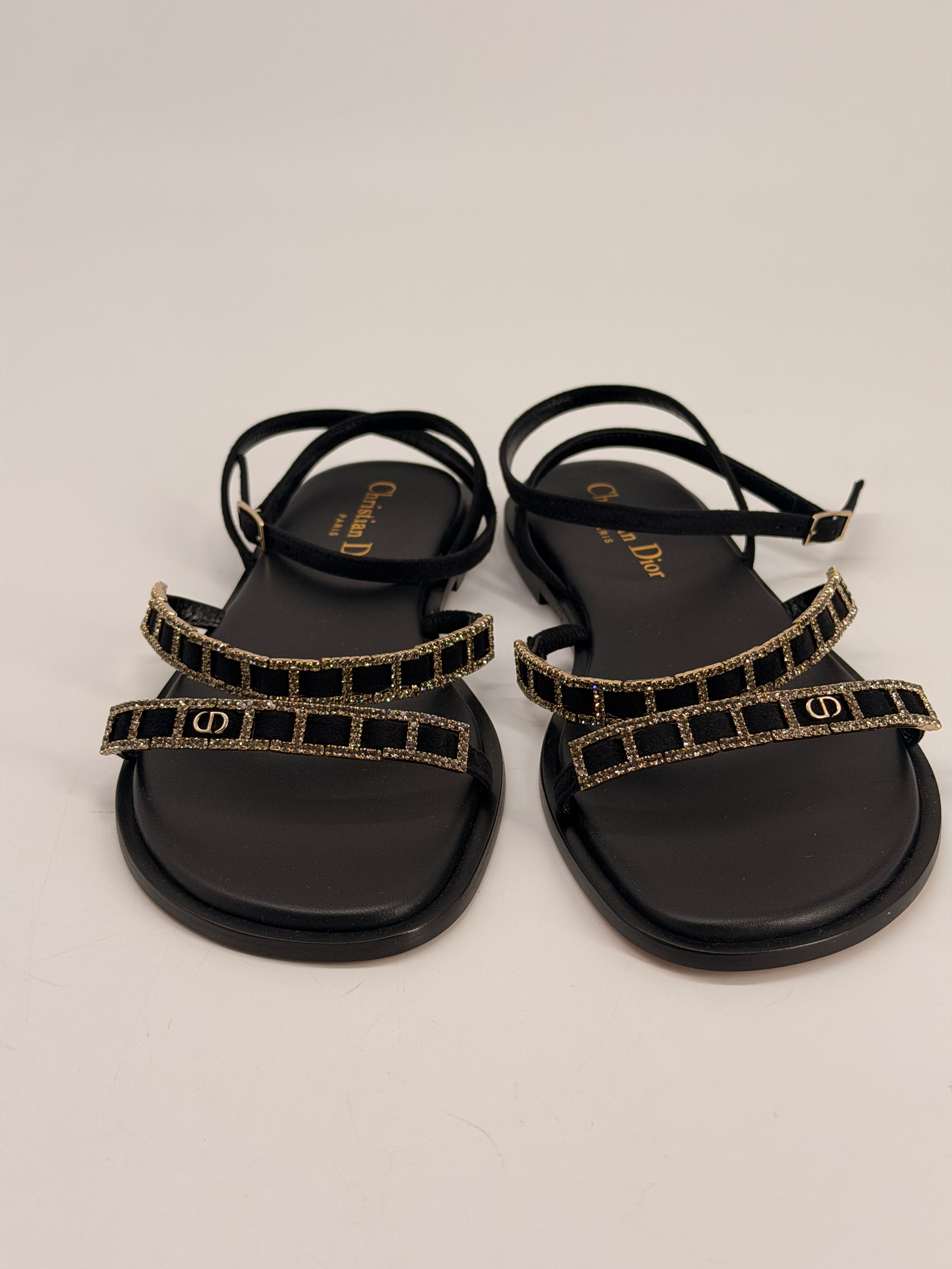 DIOR Diorissime Sandal Black Suede Goatskin and Silver-Tone Strass Size 36 NEW
