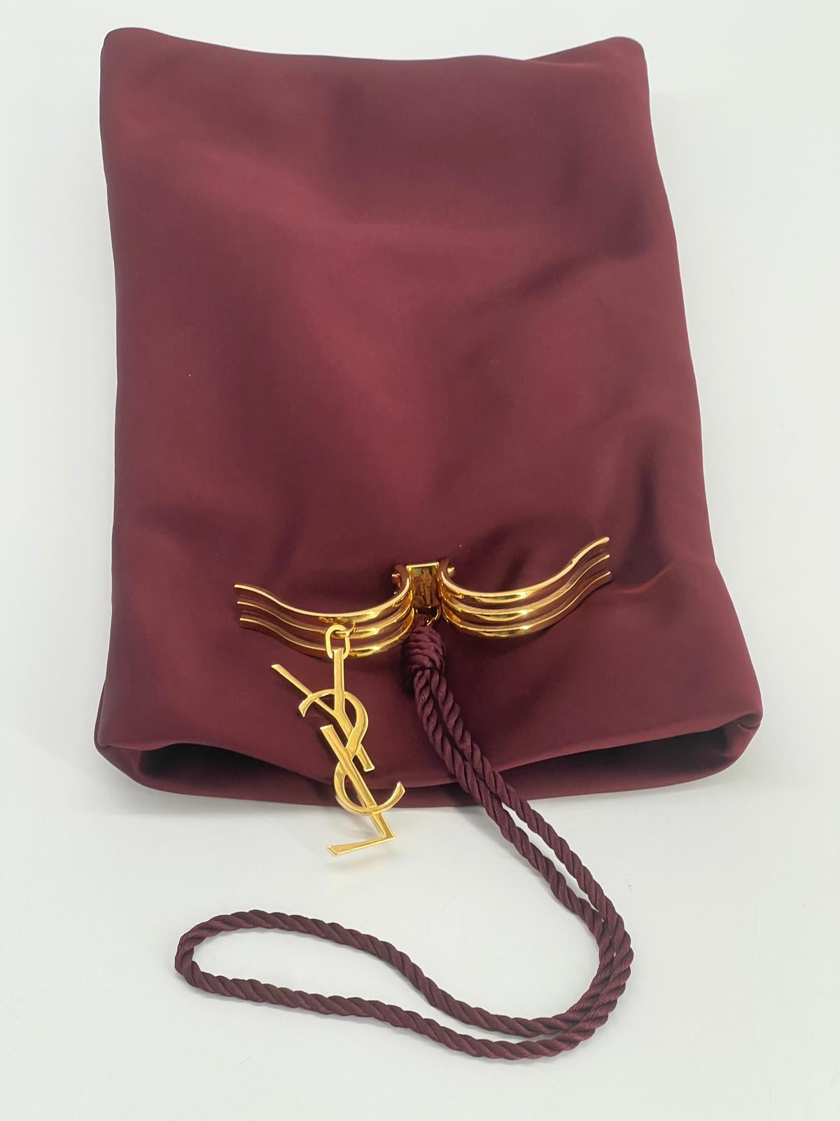 Saint Laurent Wine Satin Knot Wristlet with Gold YSL Charm