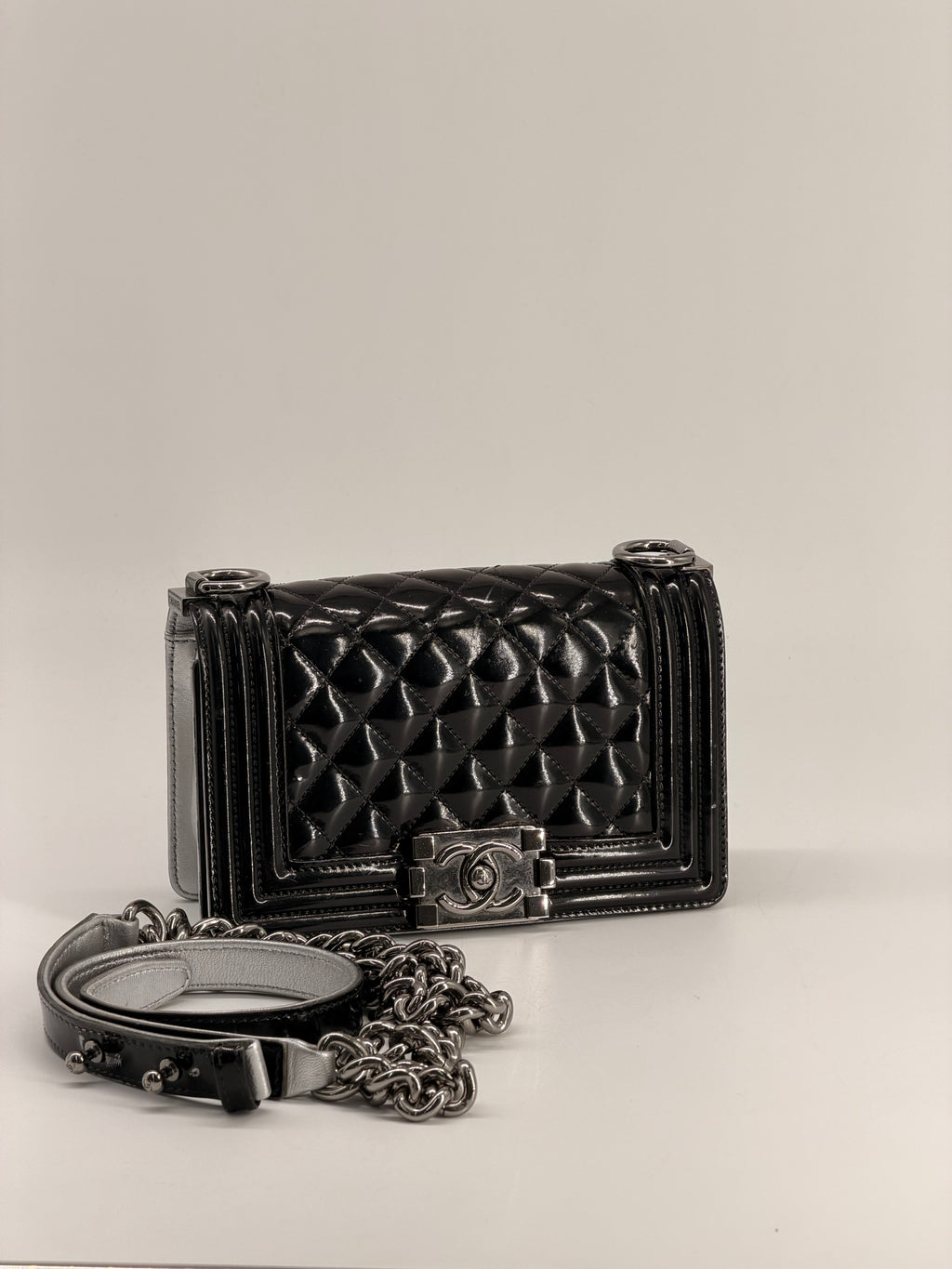 CHANEL Small Boy Bag Patent Leather Black Silver Shoulder Bag