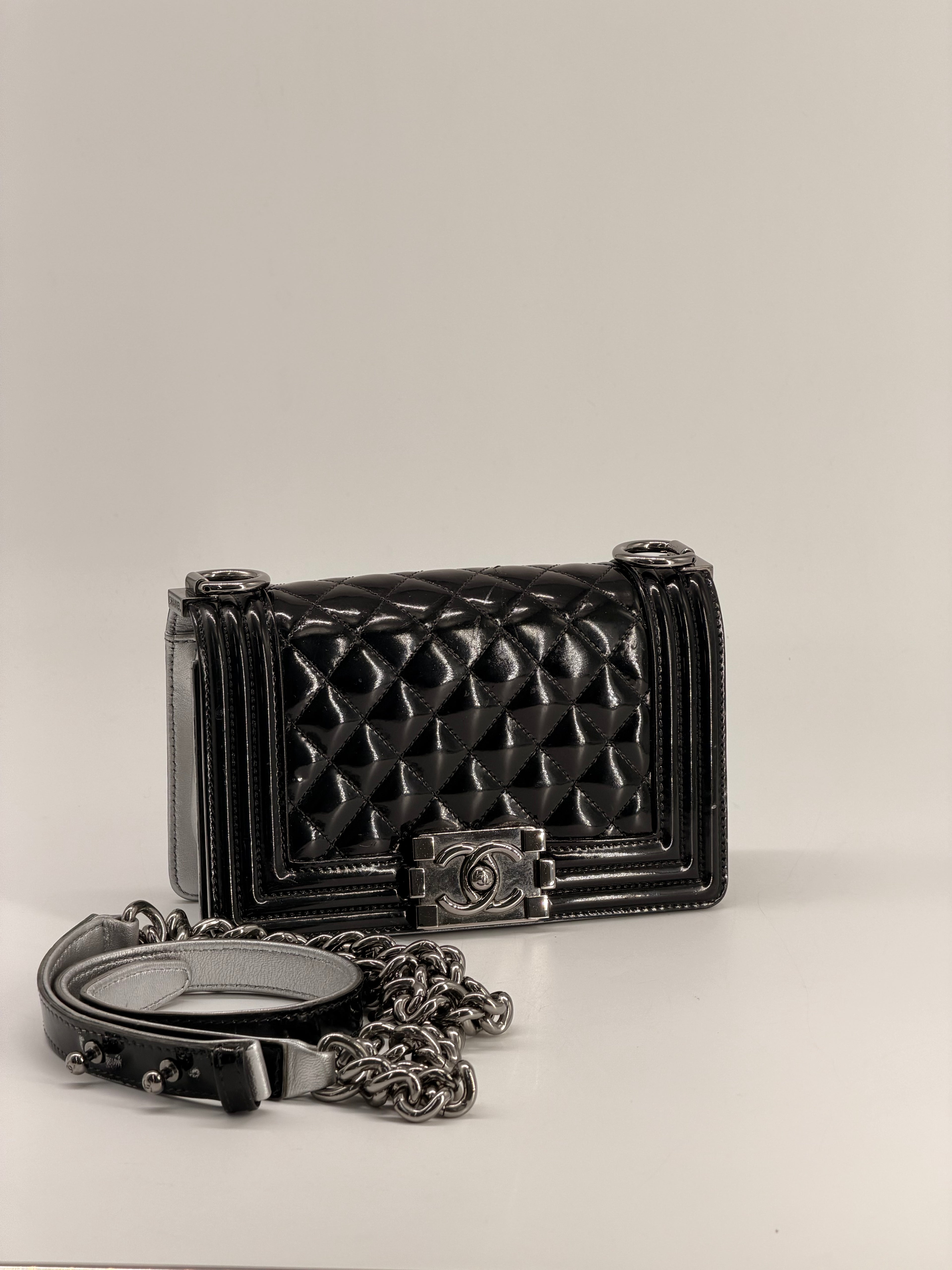 CHANEL Small Boy Bag Patent Leather Black Silver Shoulder Bag