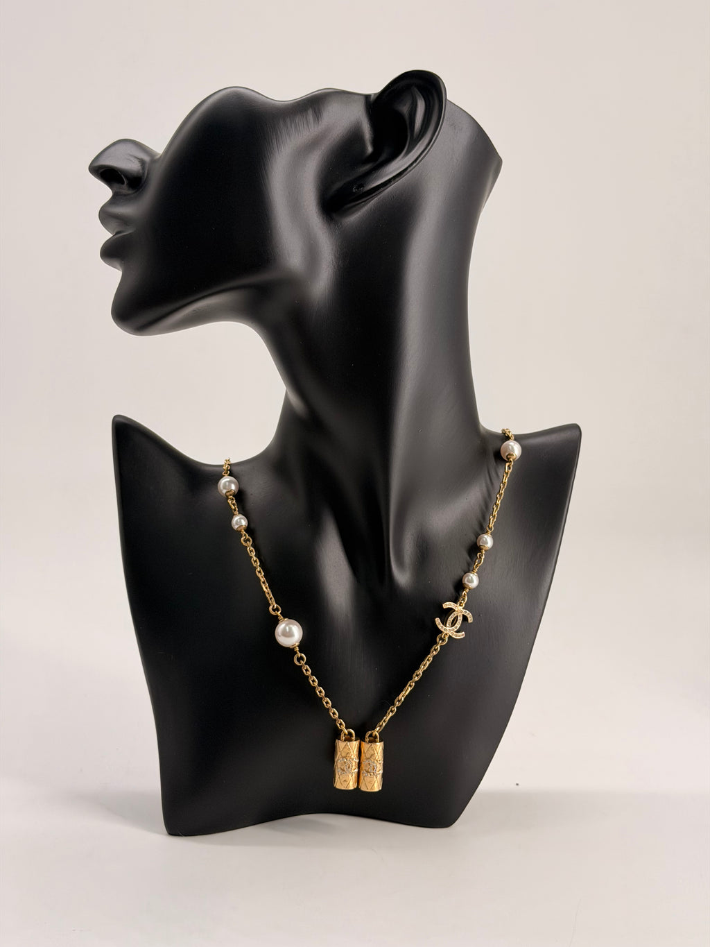 CHANEL Metal Crystal Pearl Airpod Necklace Gold