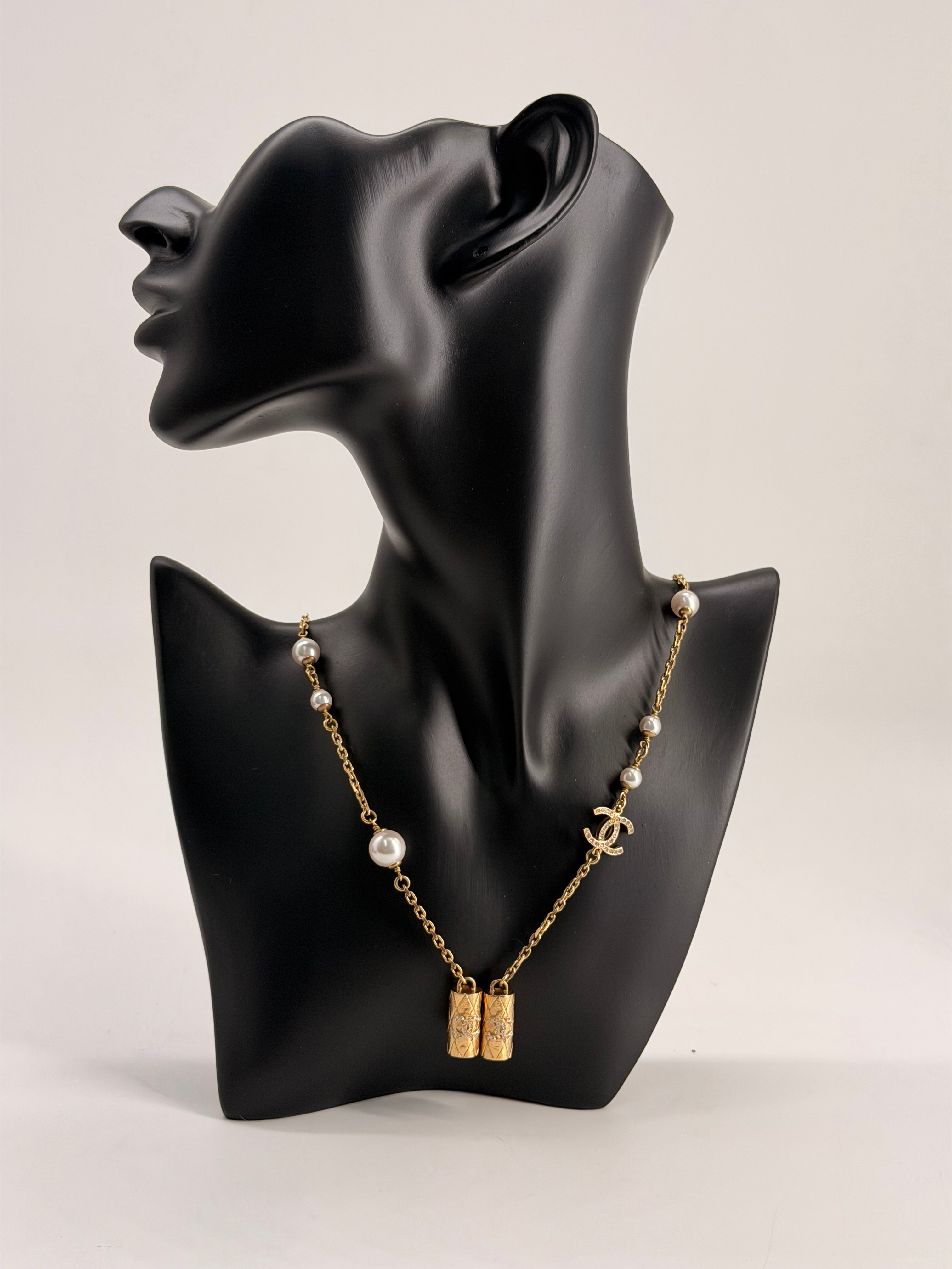 CHANEL Metal Crystal Pearl Airpod Necklace Gold