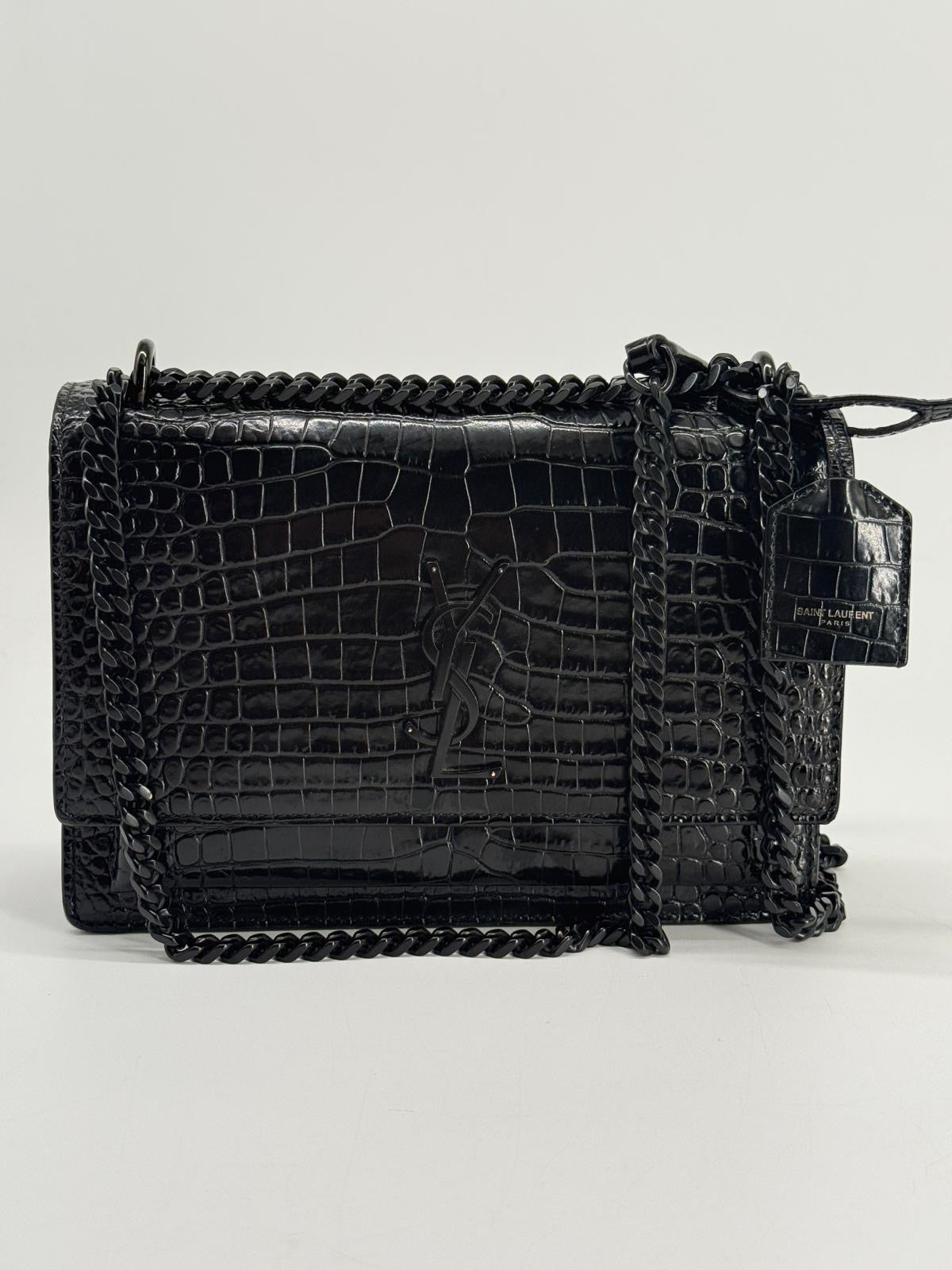 Calfskin Crocodile Embossed Medium Monochrome Monogram Sunset Black Bag