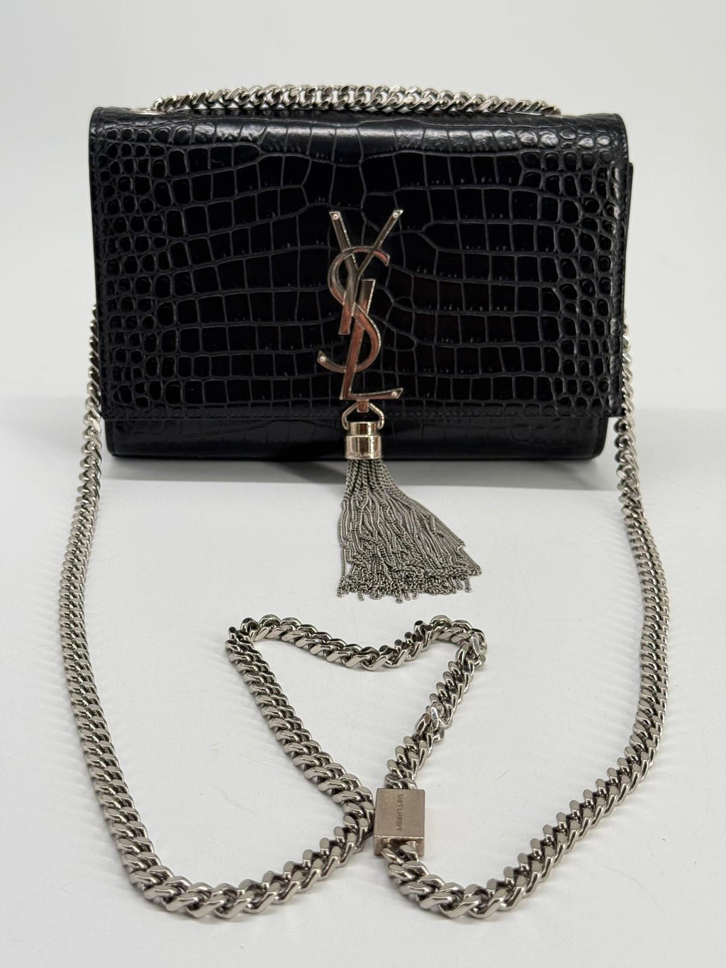 Saint Laurent Black Croc Embossed Leather Medium Kate Tassel Shoulder Bag