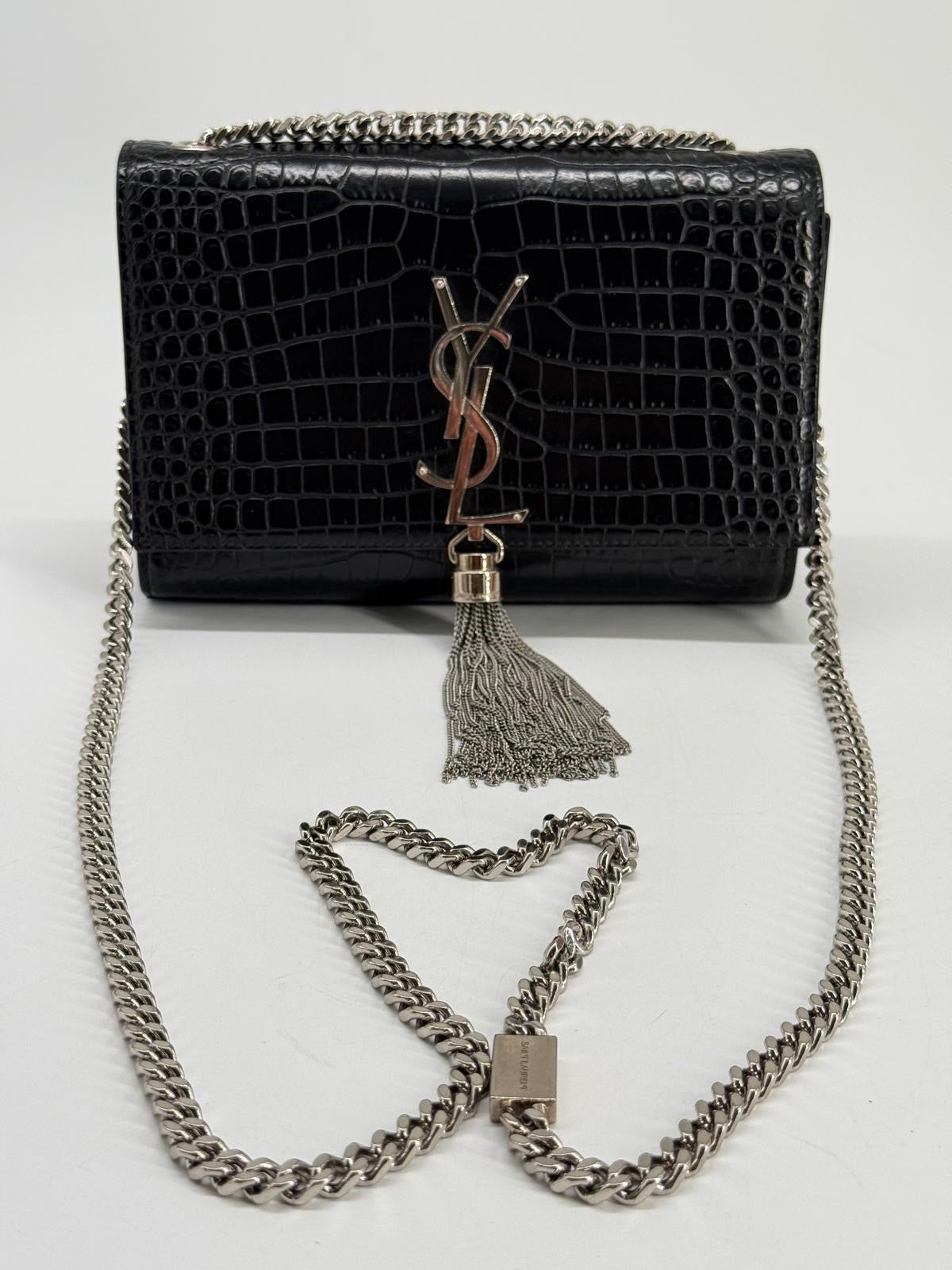 Saint Laurent Black Croc Embossed Leather Medium Kate Tassel Shoulder Bag