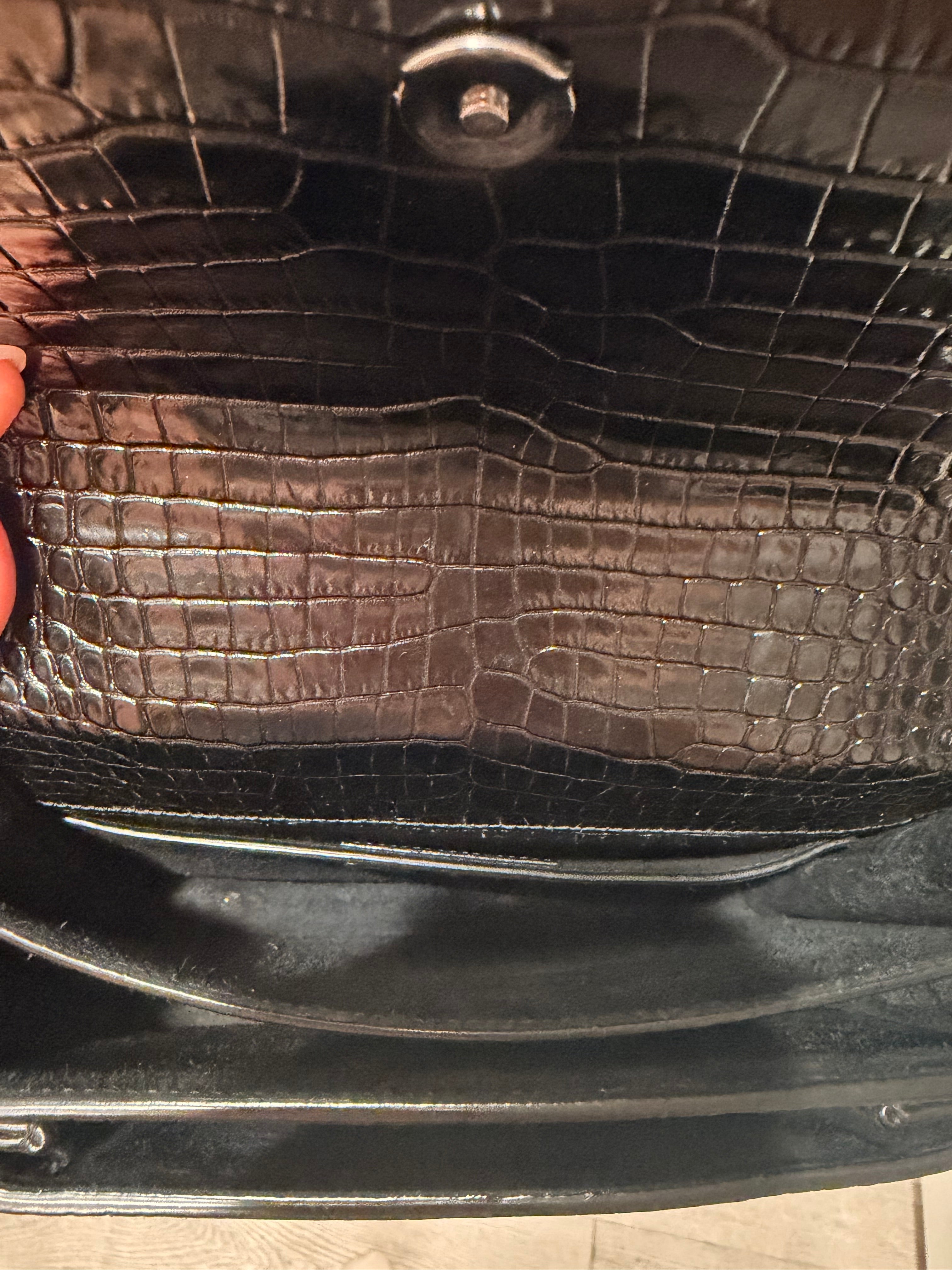 Calfskin Crocodile Embossed Medium Monochrome Monogram Sunset Black Bag