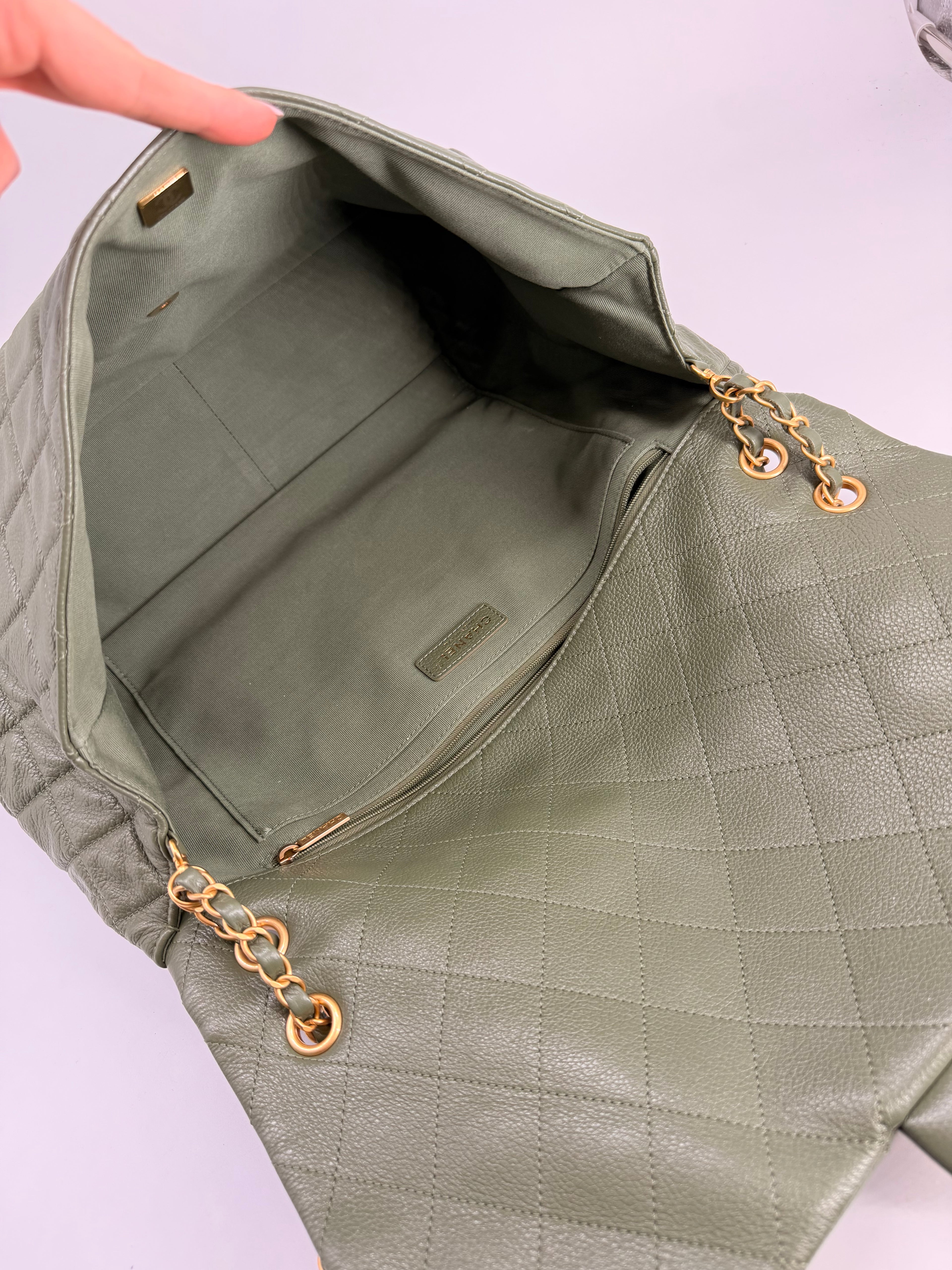 Chanel XXL Travel Classic Flap Bag Khaki Grained Calfskin Leather