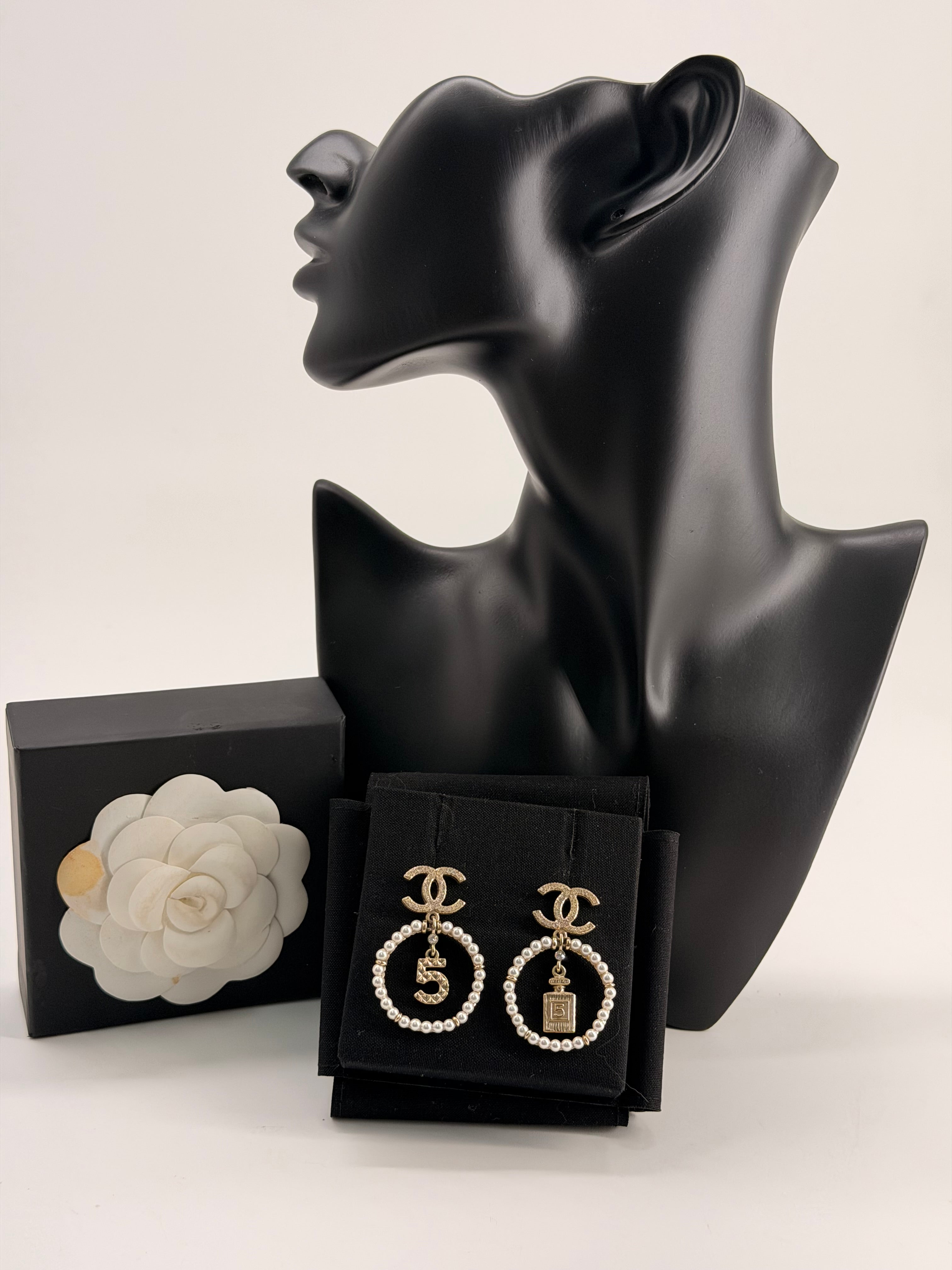 Chanel Faux Pearl & Strass CC Drop Earrings