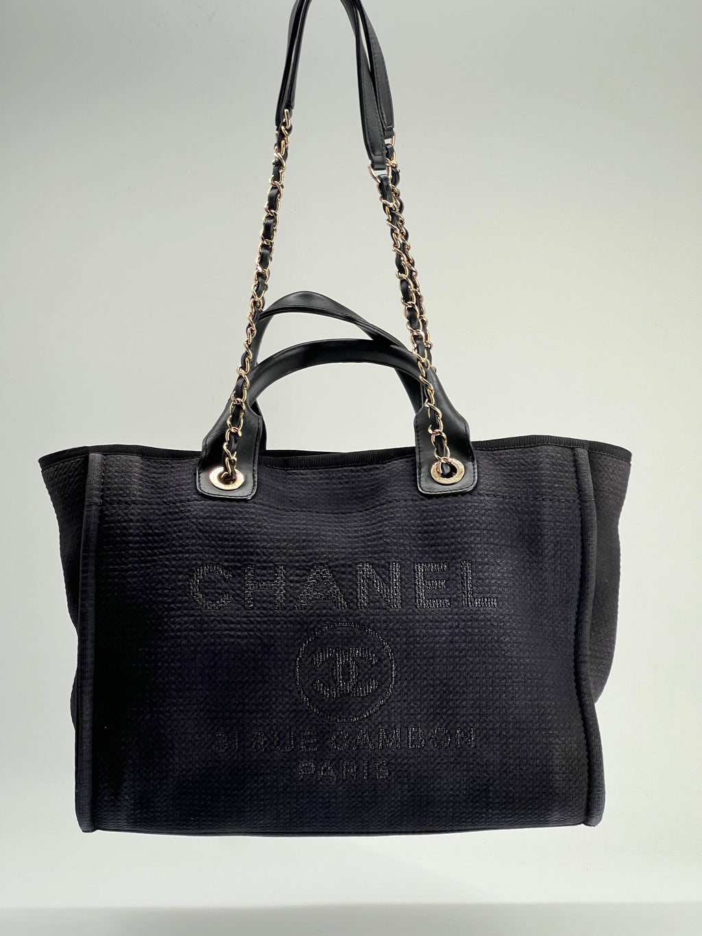 Chanel Deauville Tote Bag Small in Black Canvas Gold-Tone Hardware With Pouch
