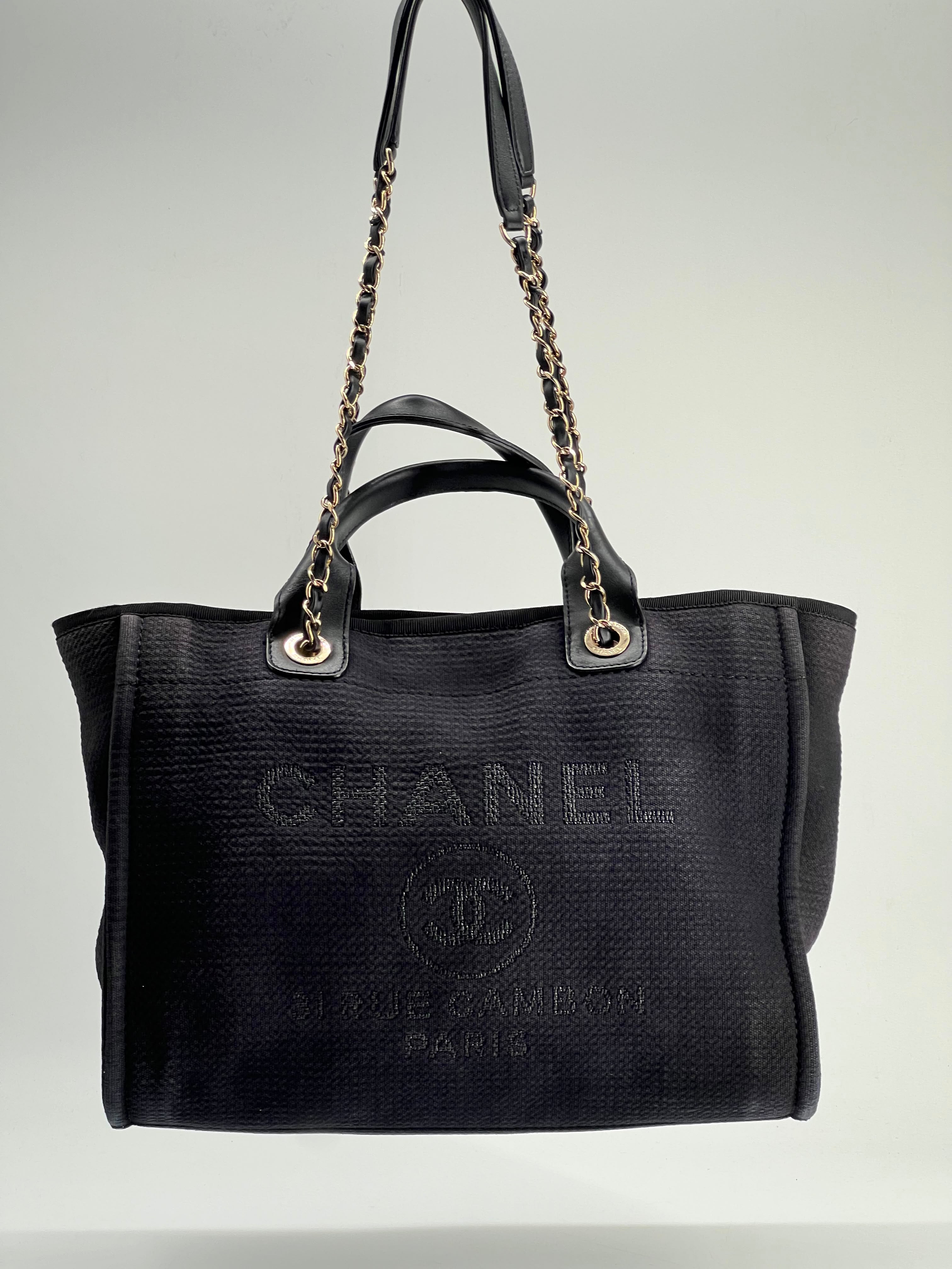 Chanel Deauville Tote Bag Small in Black Canvas Gold-Tone Hardware With Pouch
