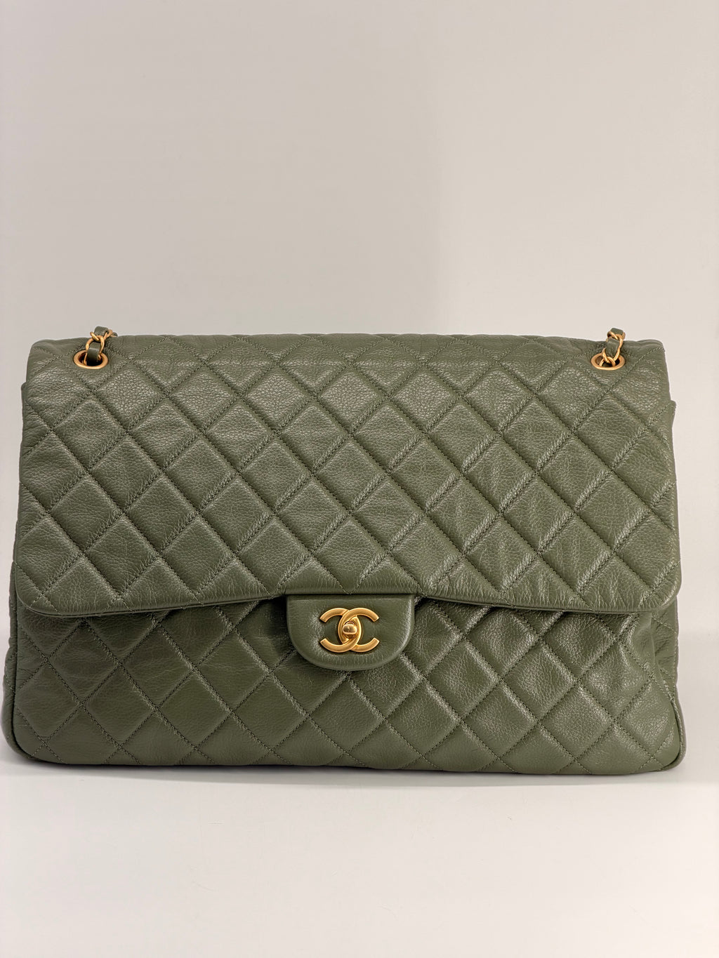 Chanel XXL Travel Classic Flap Bag Khaki Grained Calfskin Leather