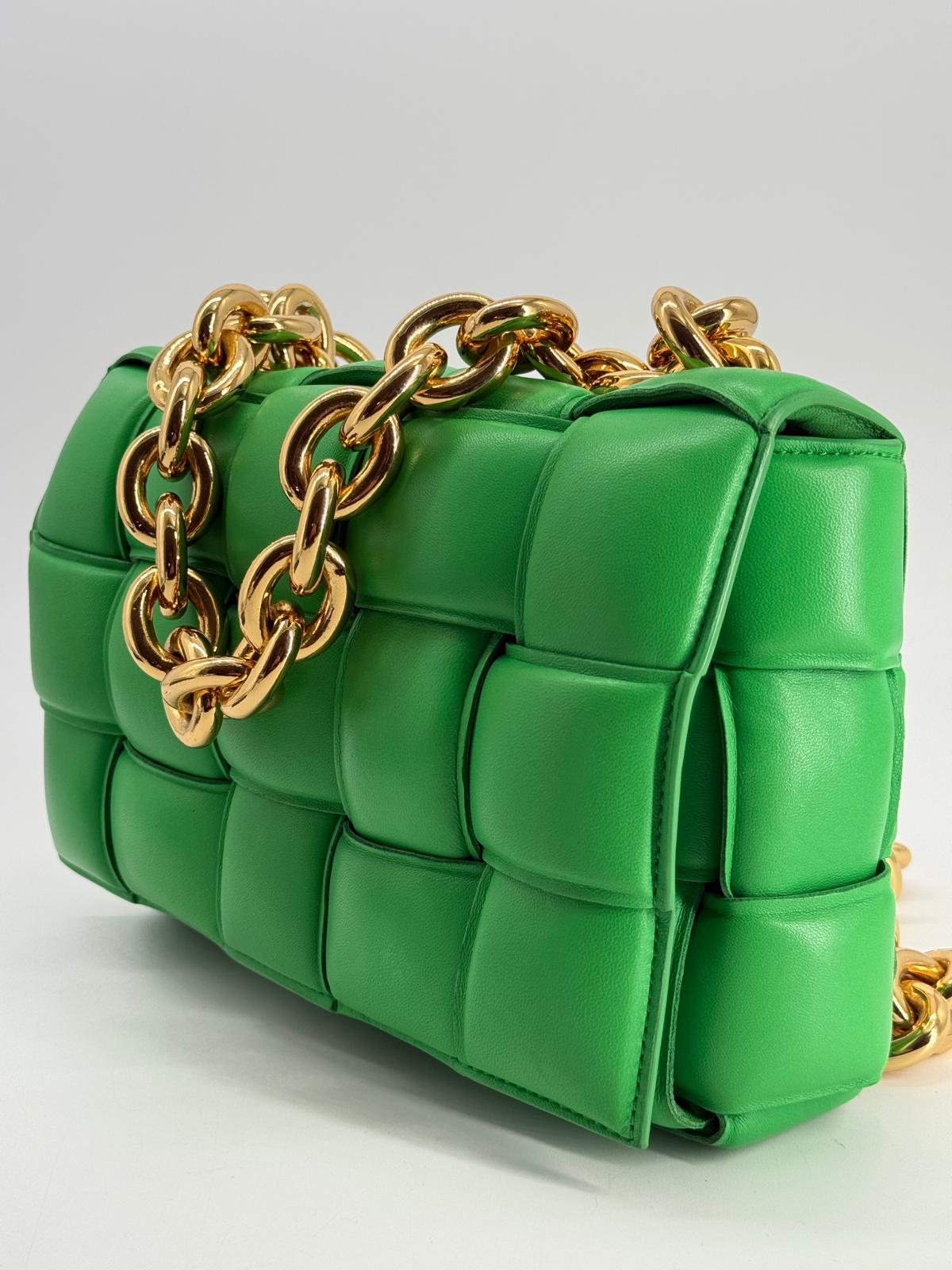 Bottega Veneta Cassette Chain Intrecciato Green Leather Shoulder Bag