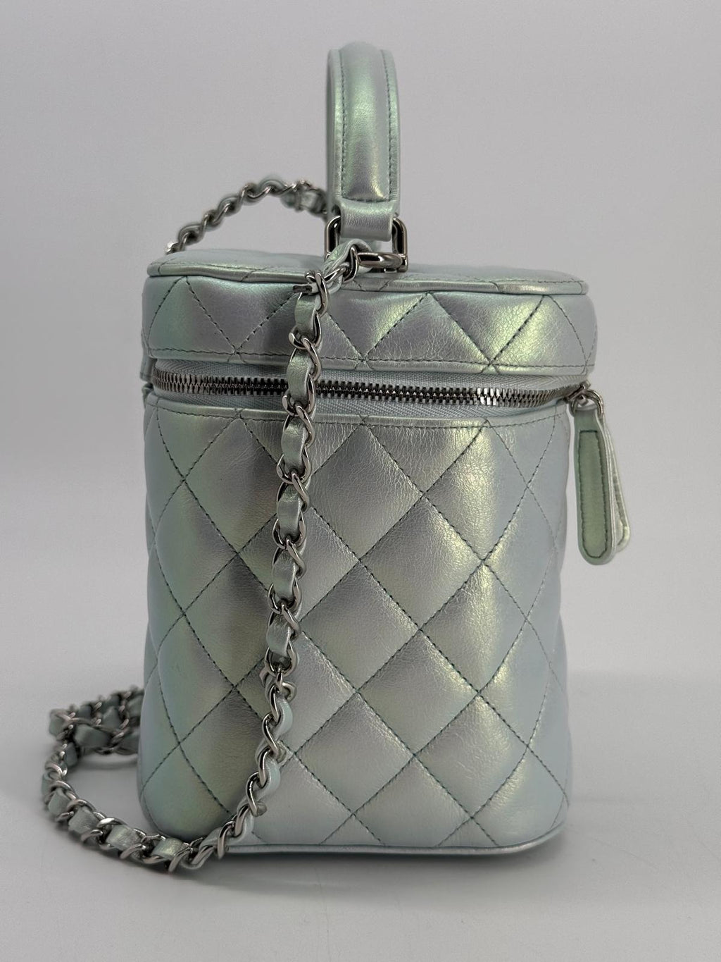Chanel Vanity Case Iridescent Metallic Blue Leather Handbag
