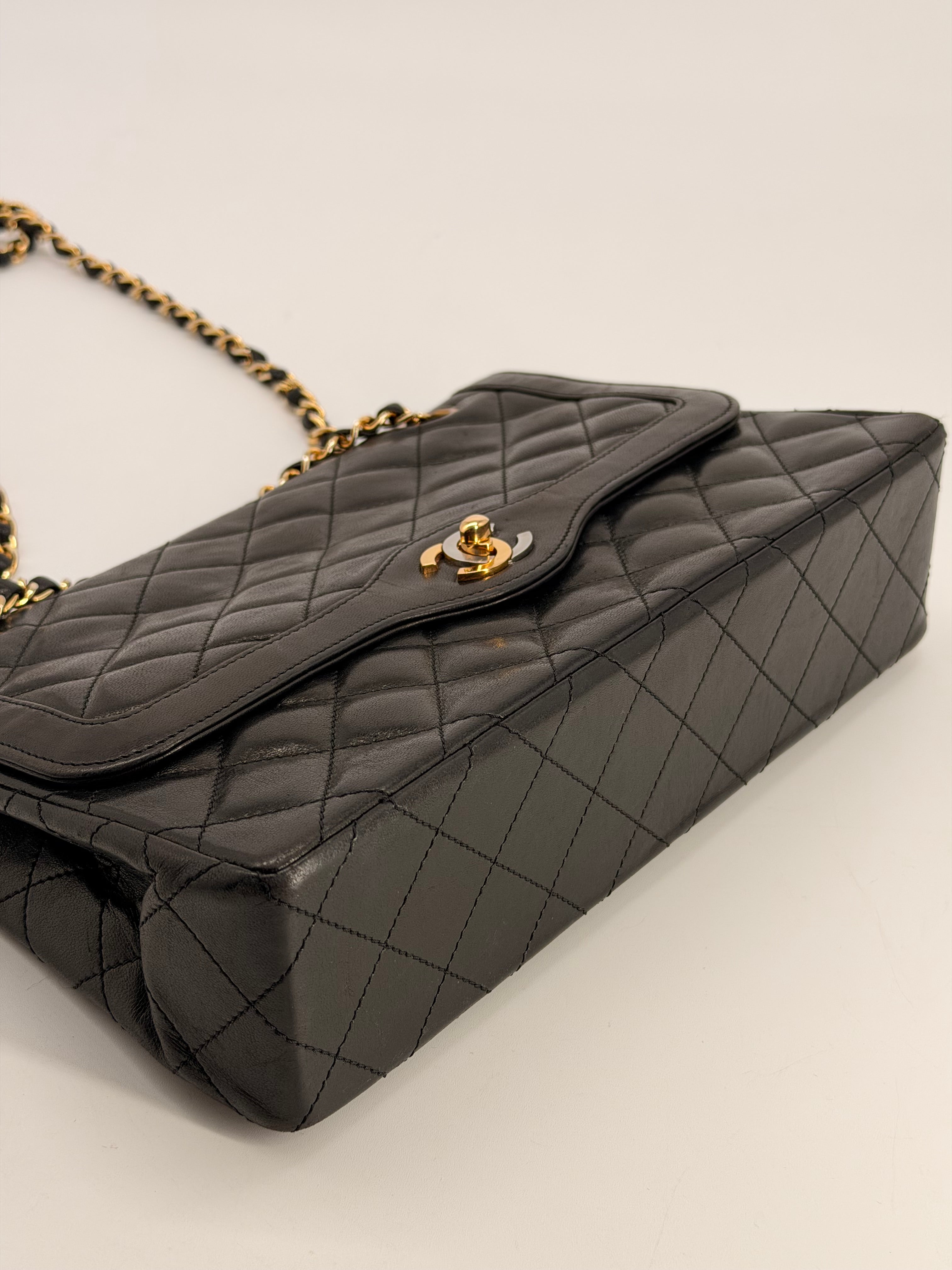 Chanel Medium Paris Double Flap Black Lambskin Shoulder Bag