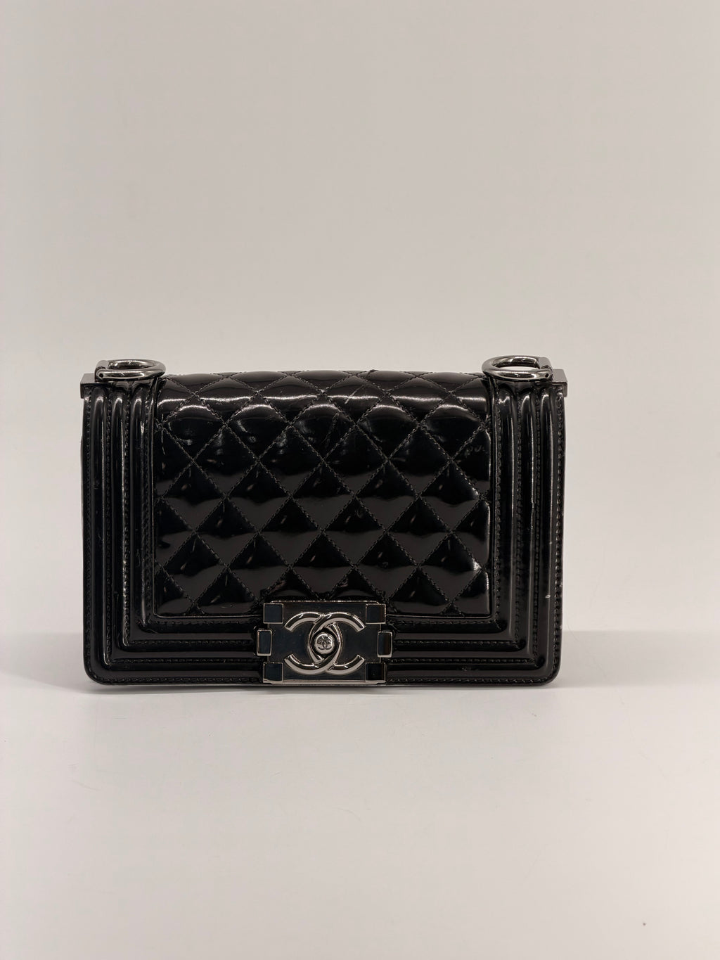 CHANEL Small Boy Bag Patent Leather Black Silver Shoulder Bag