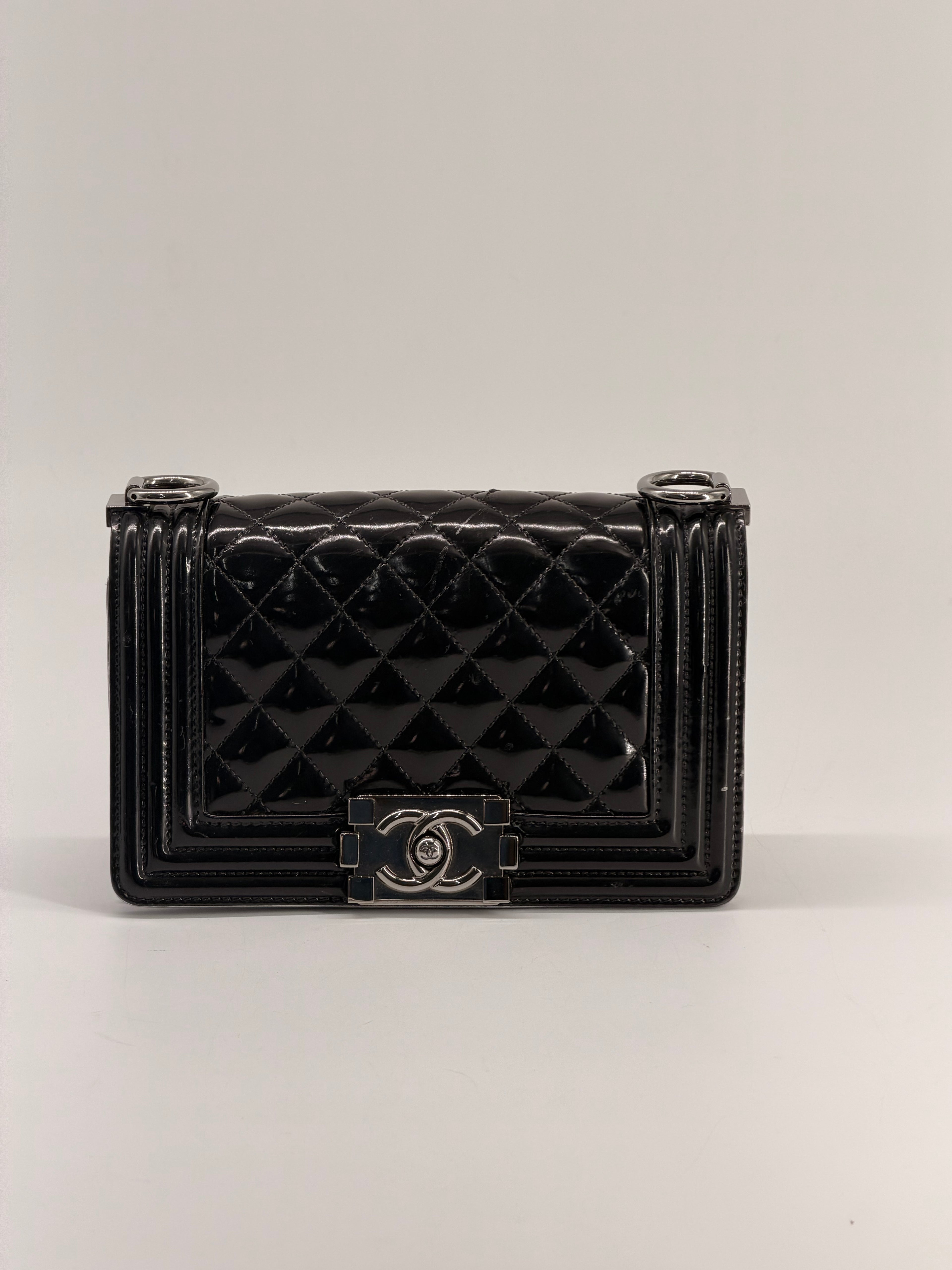 CHANEL Small Boy Bag Patent Leather Black Silver Shoulder Bag