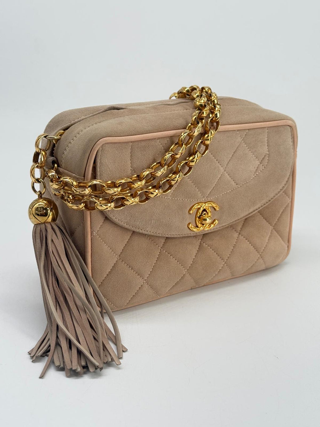 CHANEL Quilted Tassel CC Camera Bag Case In Pink Suede