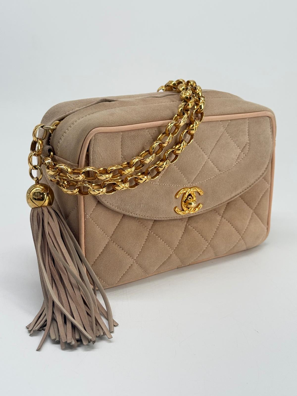 CHANEL Quilted Tassel CC Camera Bag Case In Pink Suede