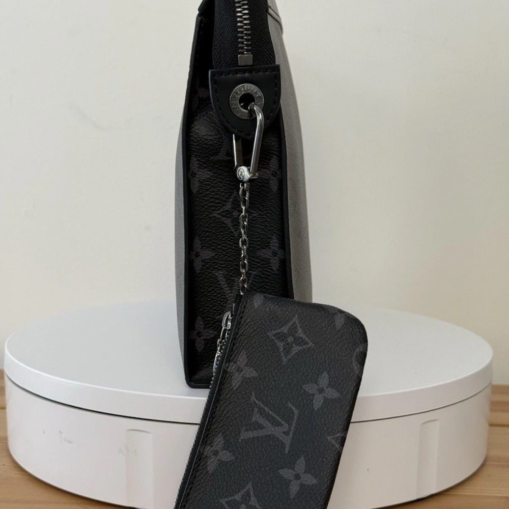 LOUIS VUITTON Monogram Eclipse Pochette Voyage Clutch Bag W/ Coin Pouch
