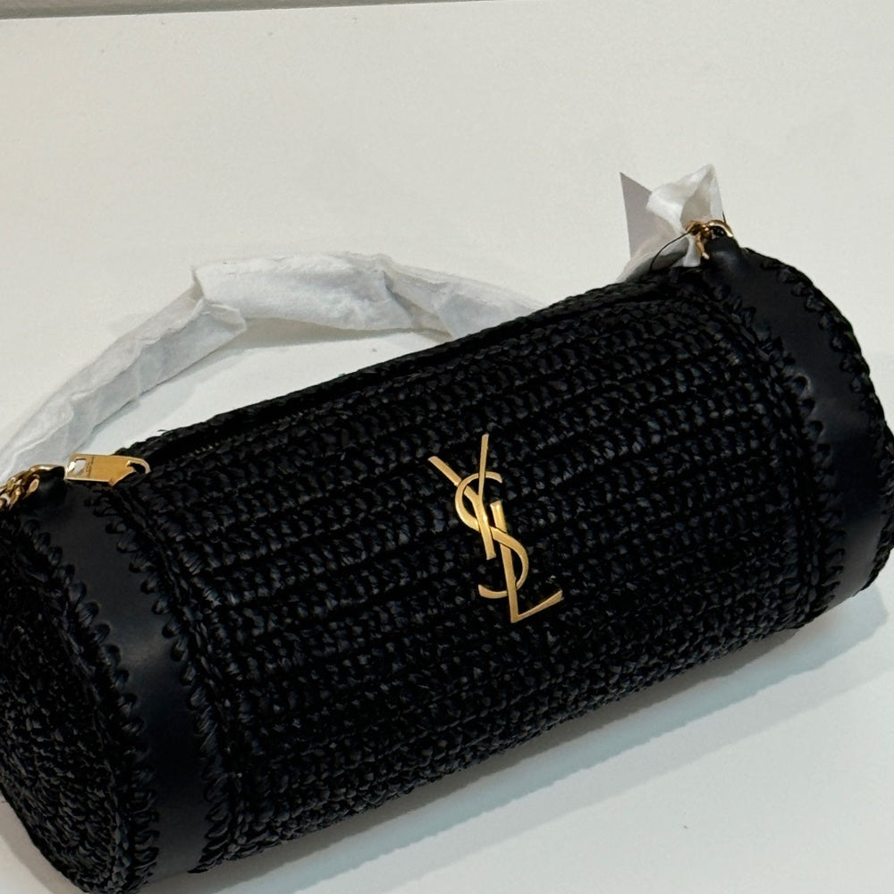 Saint Laurent Small Raffia Cassandre Cylindric Bag Black