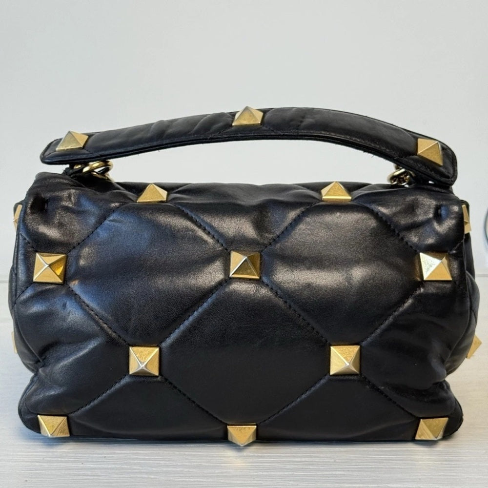 VALENTINO GARAVANI Nappa Roman Stud Shoulder Bag Black Large