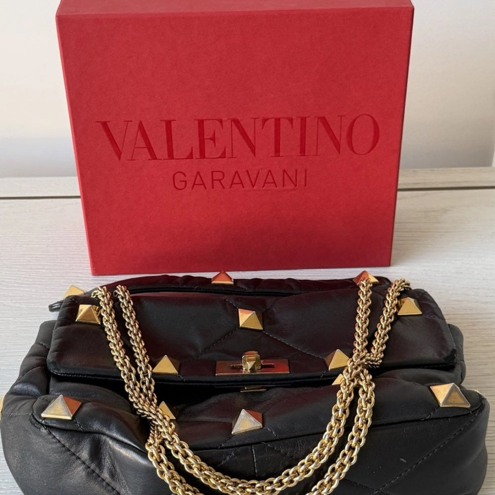 VALENTINO GARAVANI Nappa Roman Stud Shoulder Bag Black Large