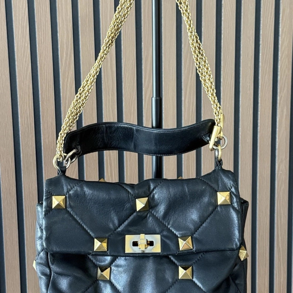 VALENTINO GARAVANI Nappa Roman Stud Shoulder Bag Black Large