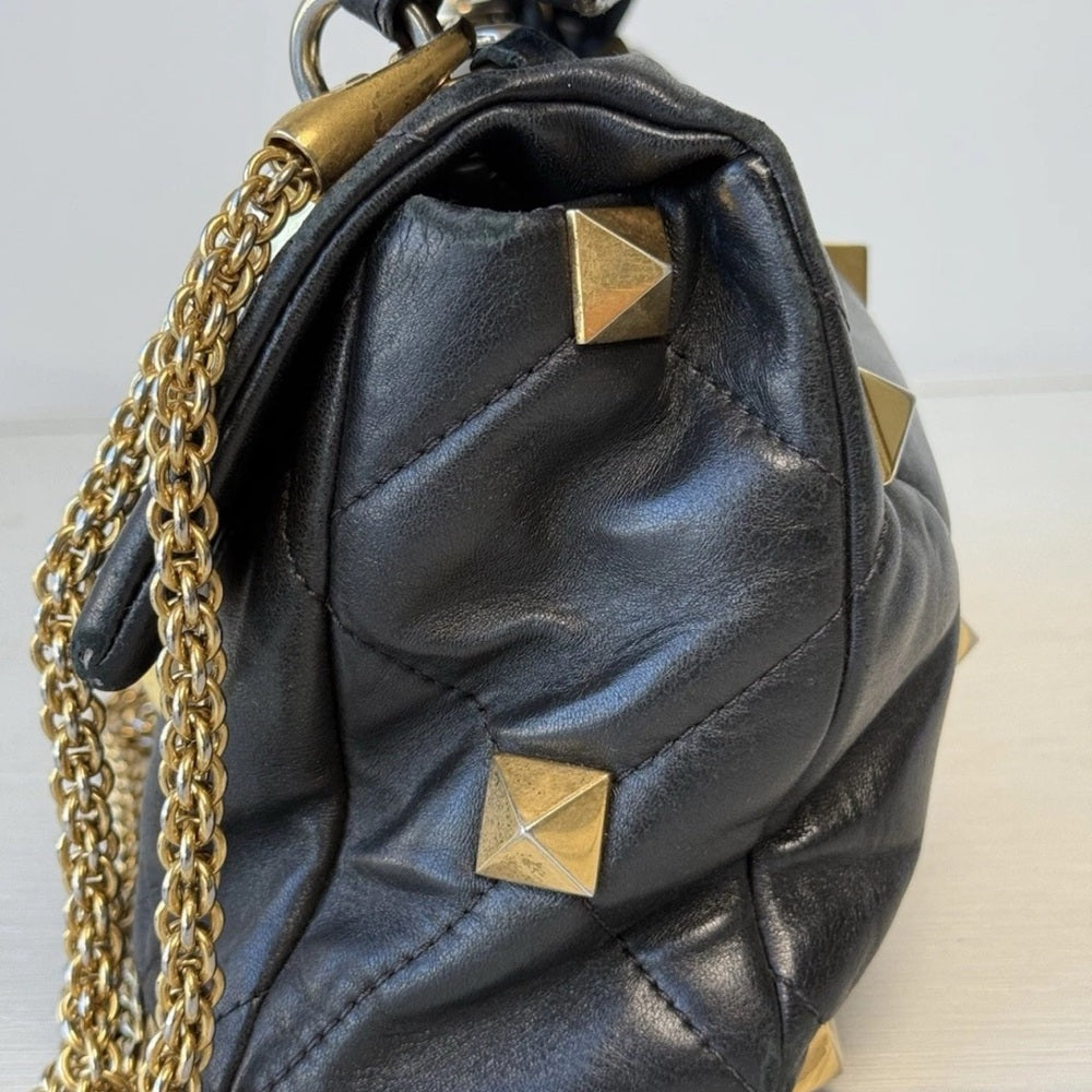 VALENTINO GARAVANI Nappa Roman Stud Shoulder Bag Black Large