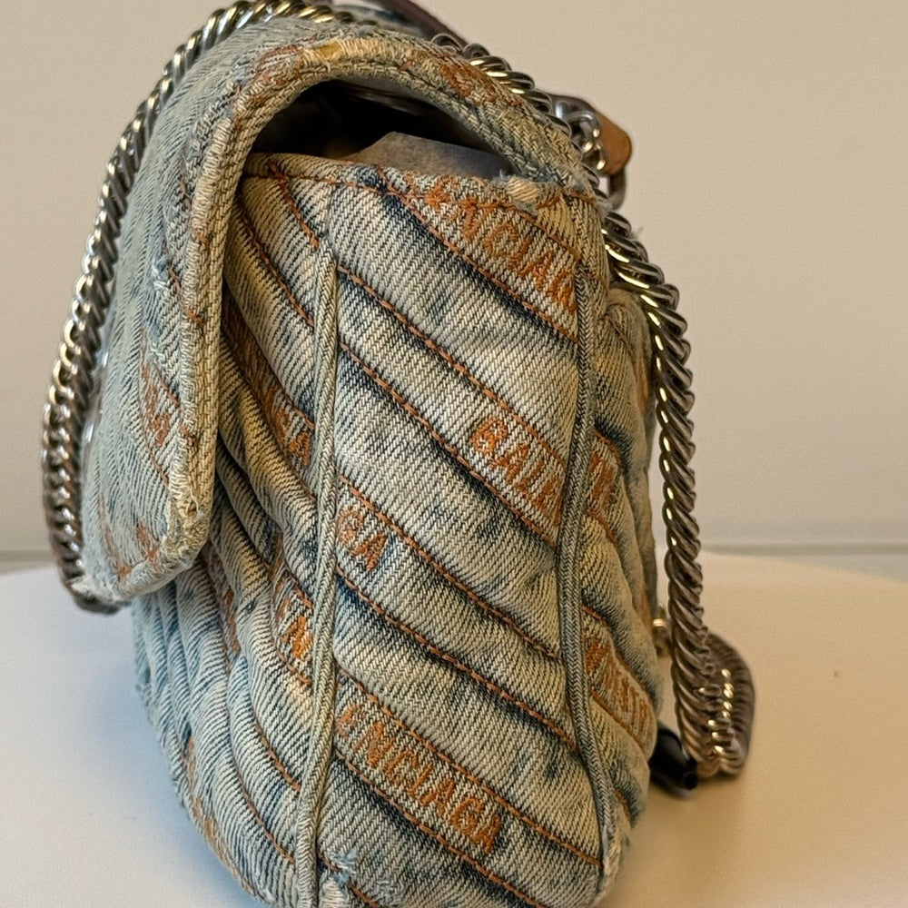 Balenciaga Destroyed Denim Jacquard Logo Matelasse BB Bag