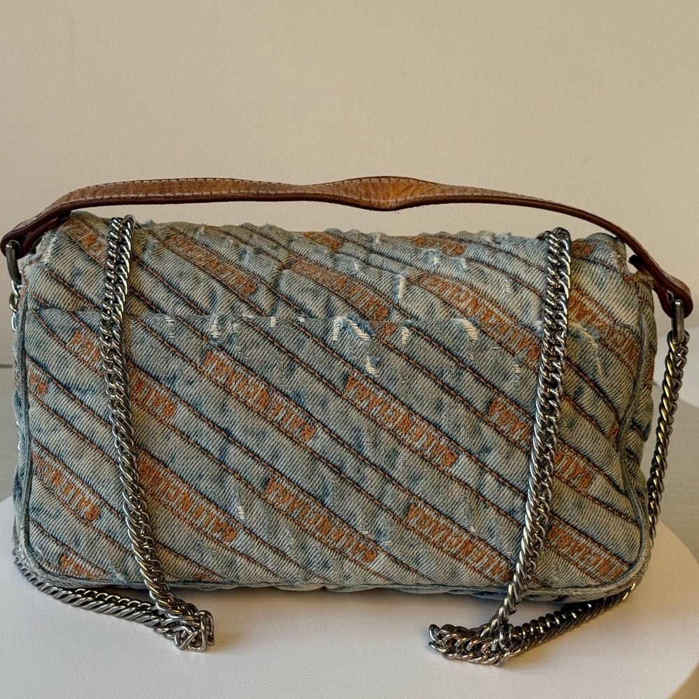 Balenciaga Destroyed Denim Jacquard Logo Matelasse BB Bag