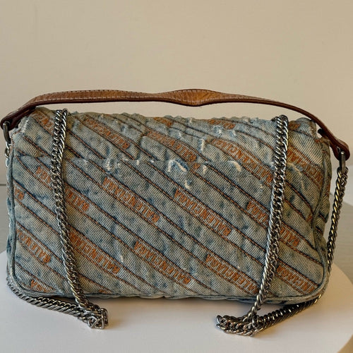 Balenciaga Destroyed Denim Jacquard Logo Matelasse BB Bag