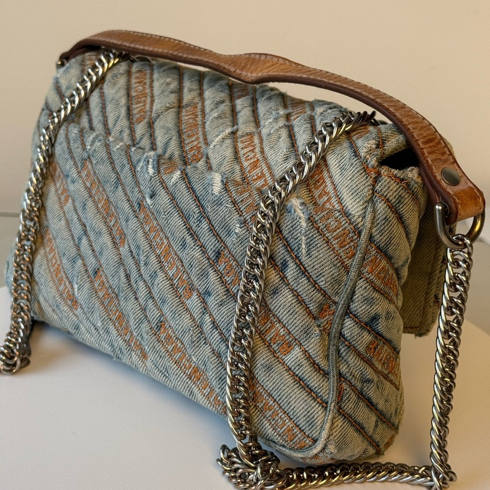 Balenciaga Destroyed Denim Jacquard Logo Matelasse BB Bag