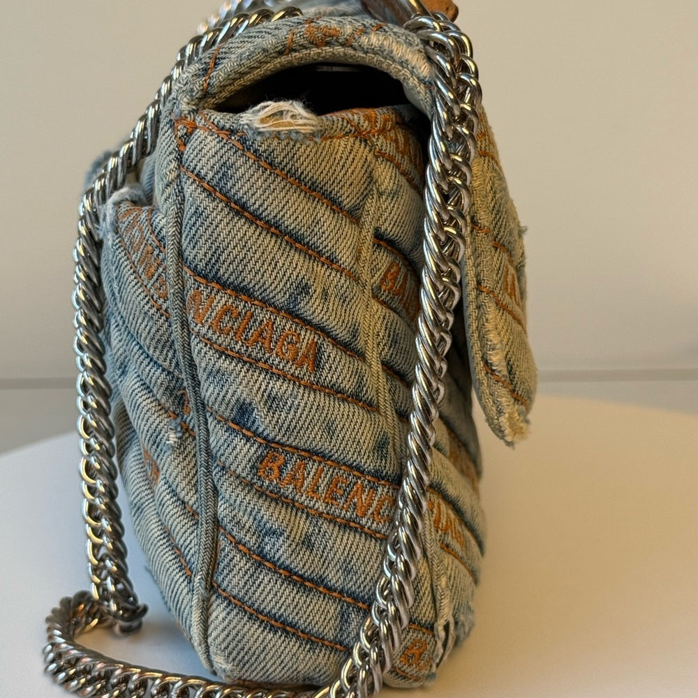 Balenciaga Destroyed Denim Jacquard Logo Matelasse BB Bag