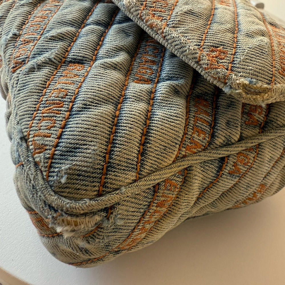 Balenciaga Destroyed Denim Jacquard Logo Matelasse BB Bag