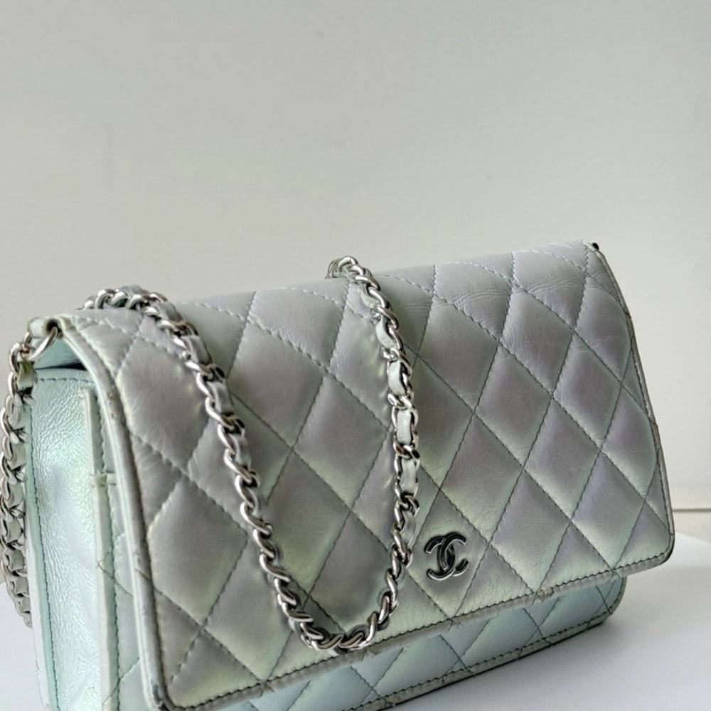 Chanel Metalic Silver Calfskin Wallet On Chain