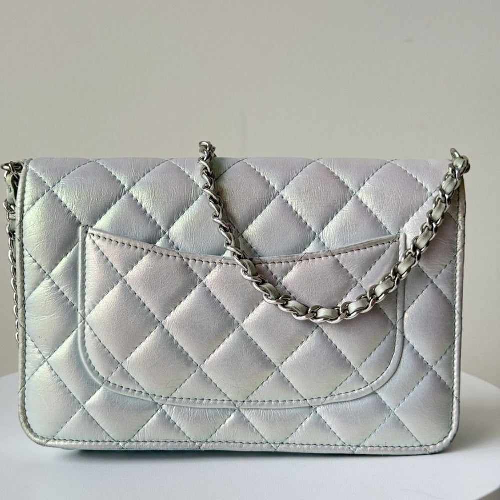 Chanel Metalic Silver Calfskin Wallet On Chain