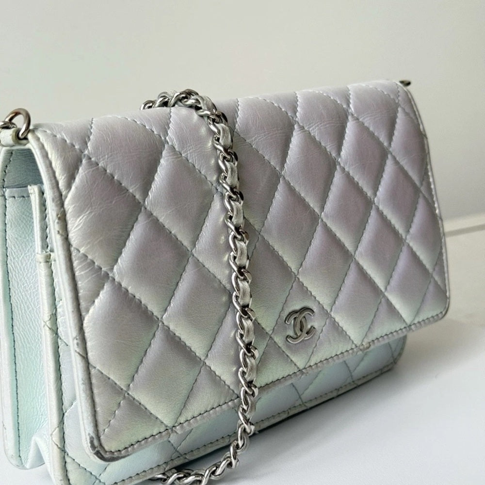 Chanel Metalic Silver Calfskin Wallet On Chain