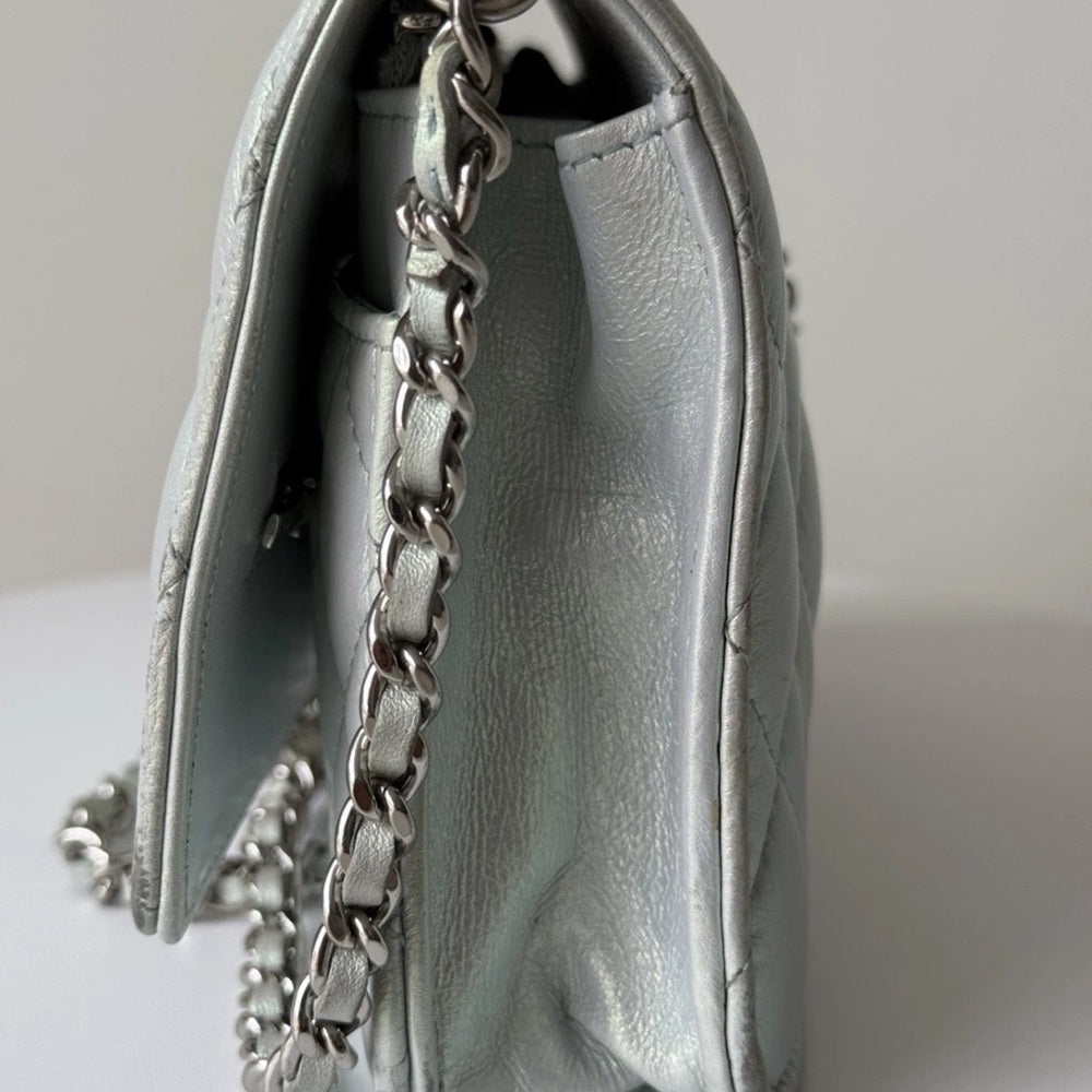 Chanel Metalic Silver Calfskin Wallet On Chain
