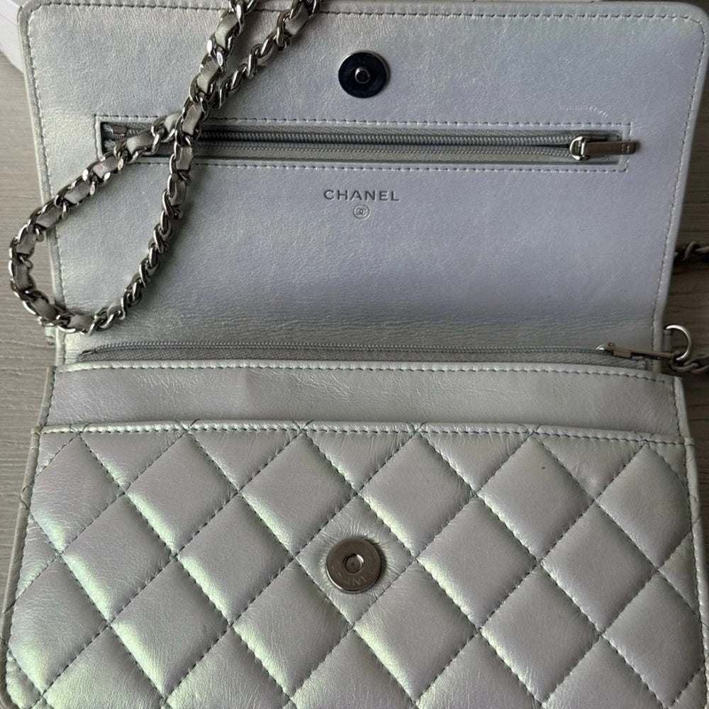 Chanel Metalic Silver Calfskin Wallet On Chain